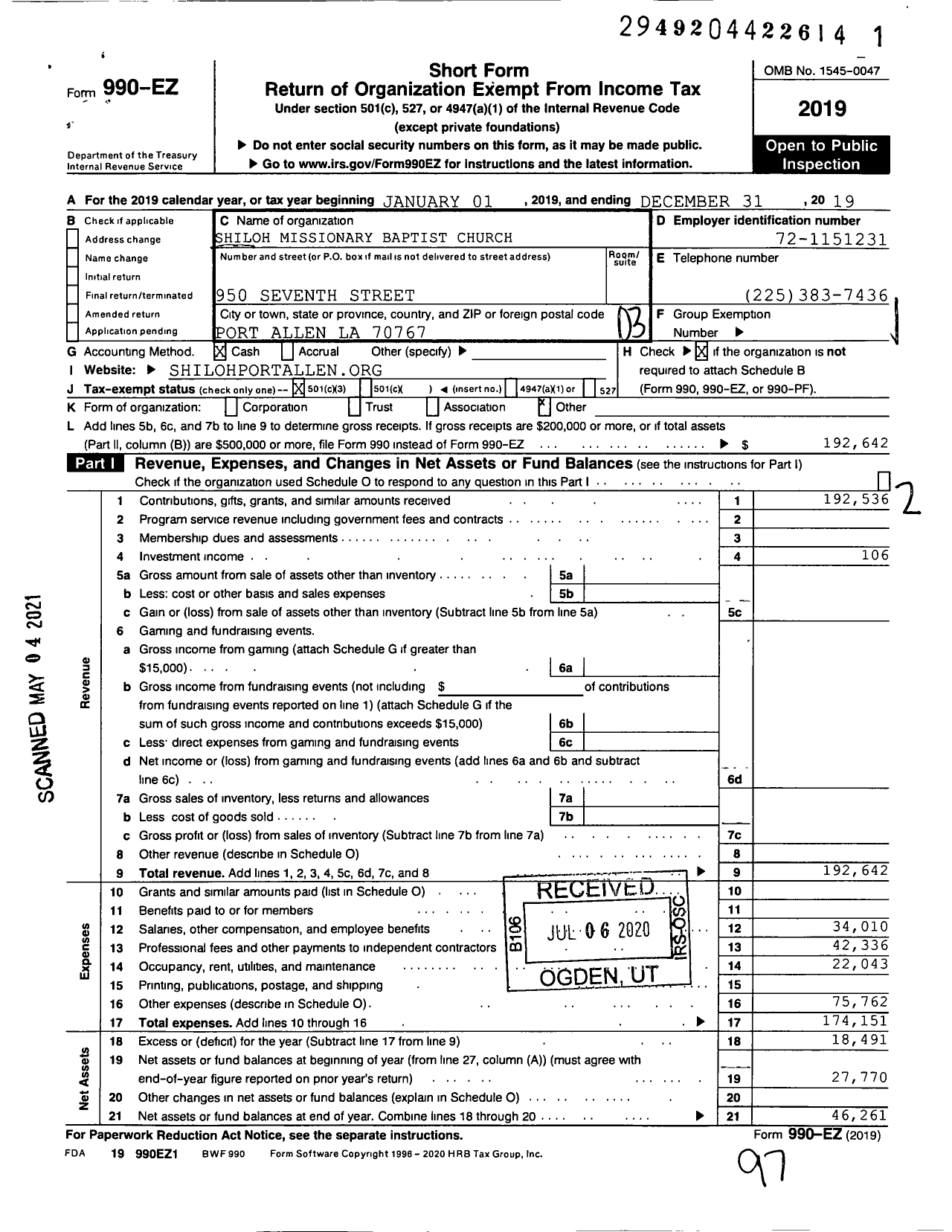 Image of first page of 2019 Form 990EZ for Shiloh Missionary Baptist Church