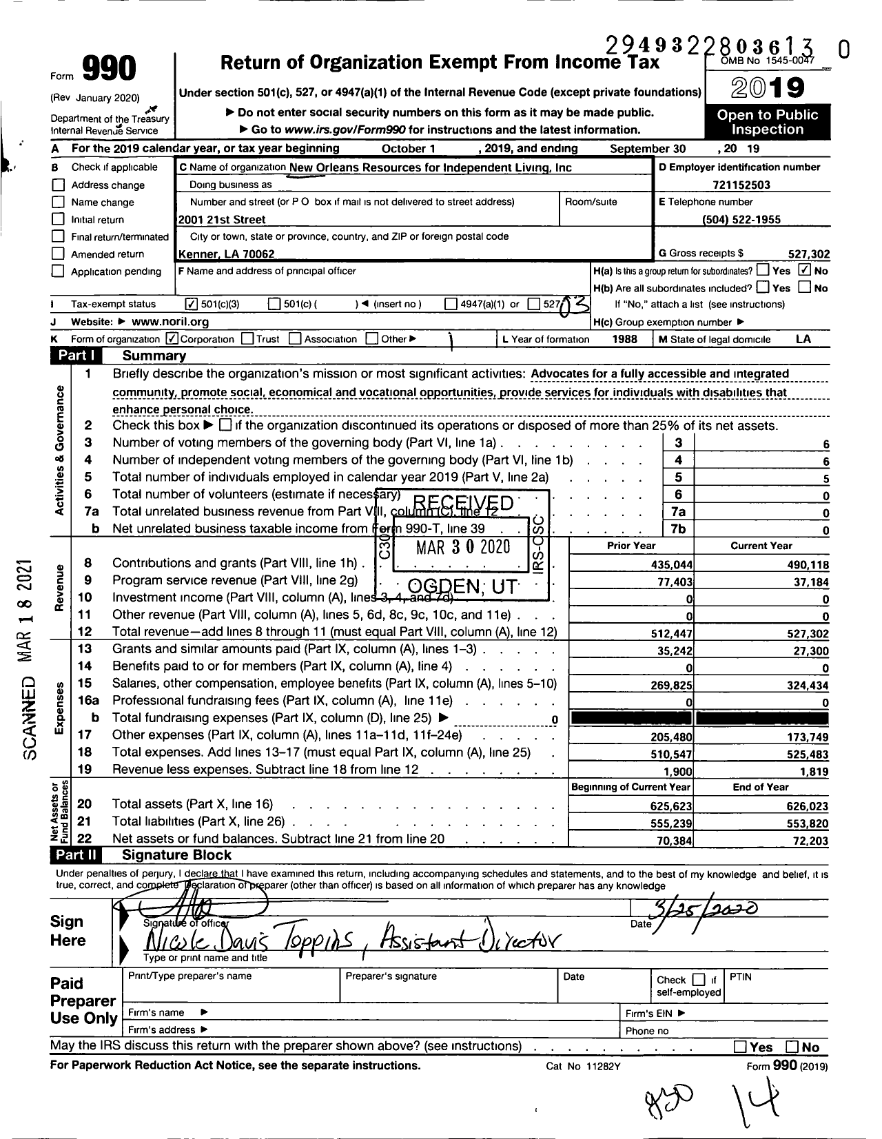 Image of first page of 2018 Form 990 for New Orleans Resources for Independent Living