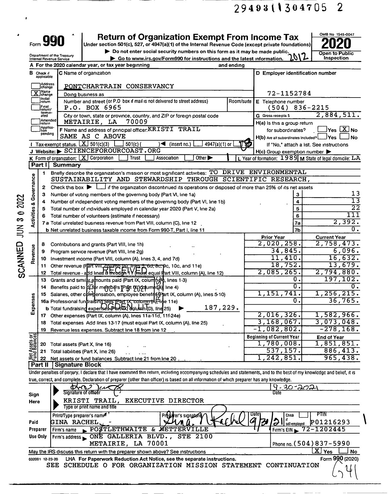 Image of first page of 2020 Form 990 for Pontchartrain Conservancy