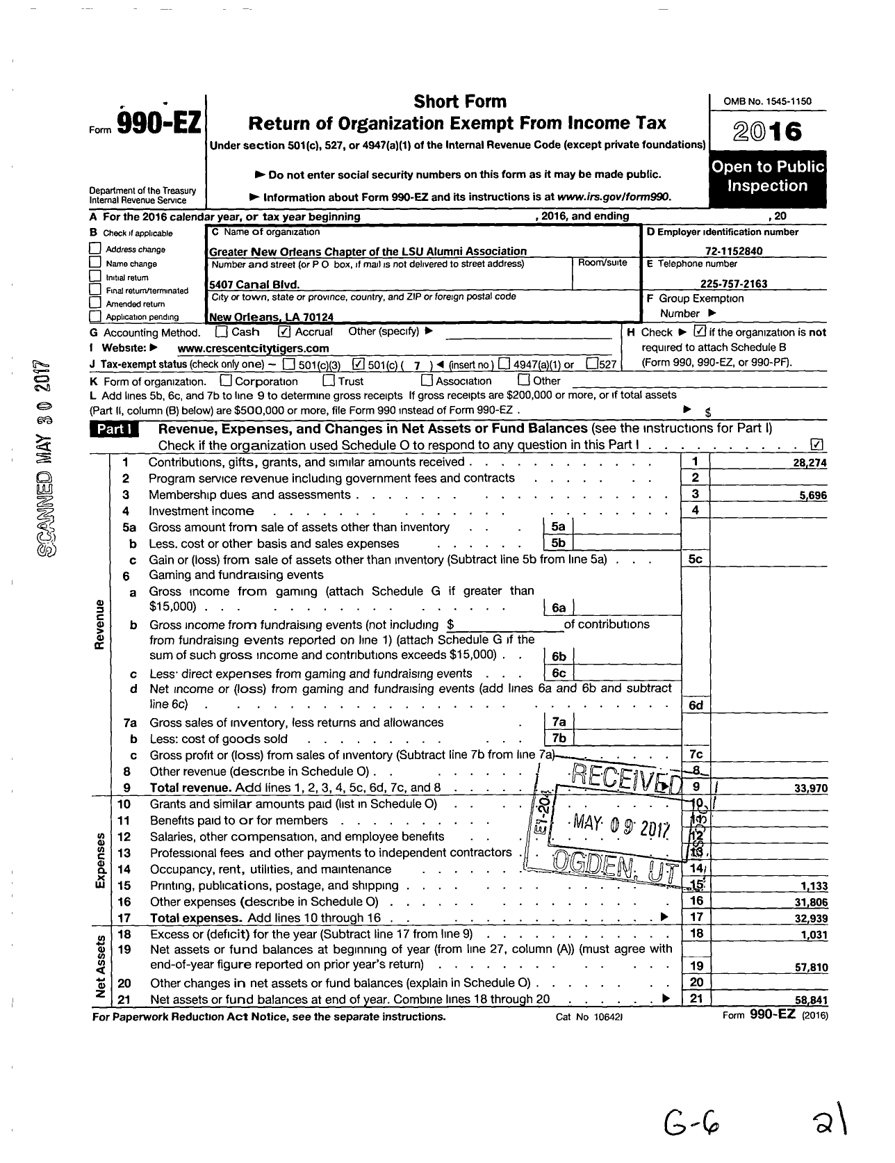 Image of first page of 2016 Form 990EO for Greater New Orleans Chapter of the Lsu Alumni Association