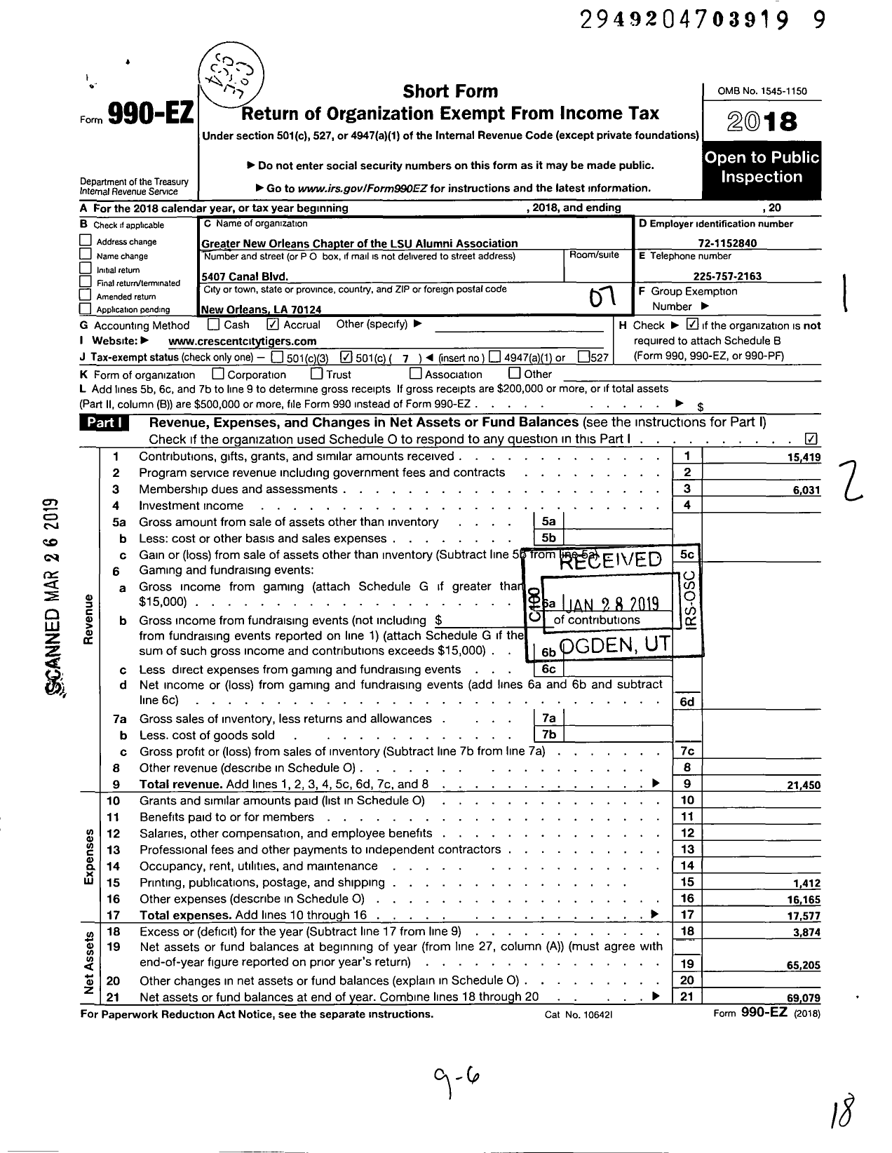 Image of first page of 2018 Form 990EO for Greater New Orleans Chapter of the Lsu Alumni Association