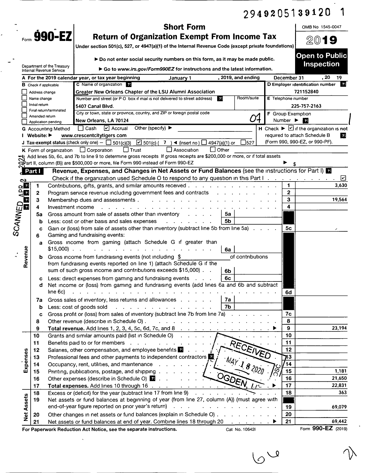 Image of first page of 2019 Form 990EO for Greater New Orleans Chapter of the Lsu Alumni Association