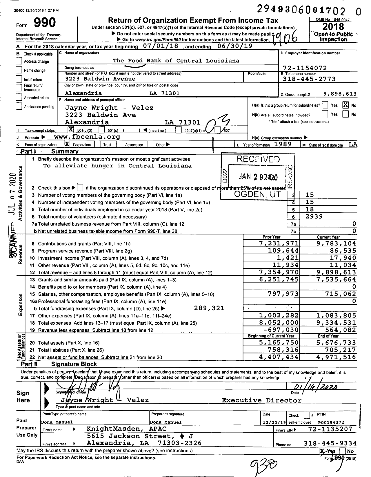 Image of first page of 2018 Form 990 for Food Bank of Central Louisiana
