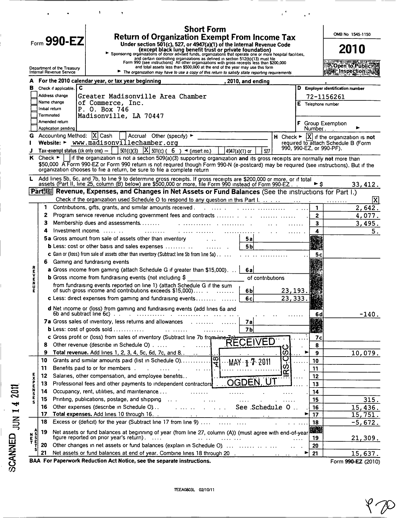 Image of first page of 2010 Form 990EO for Greater Madisonville Area Chamber of Commerce