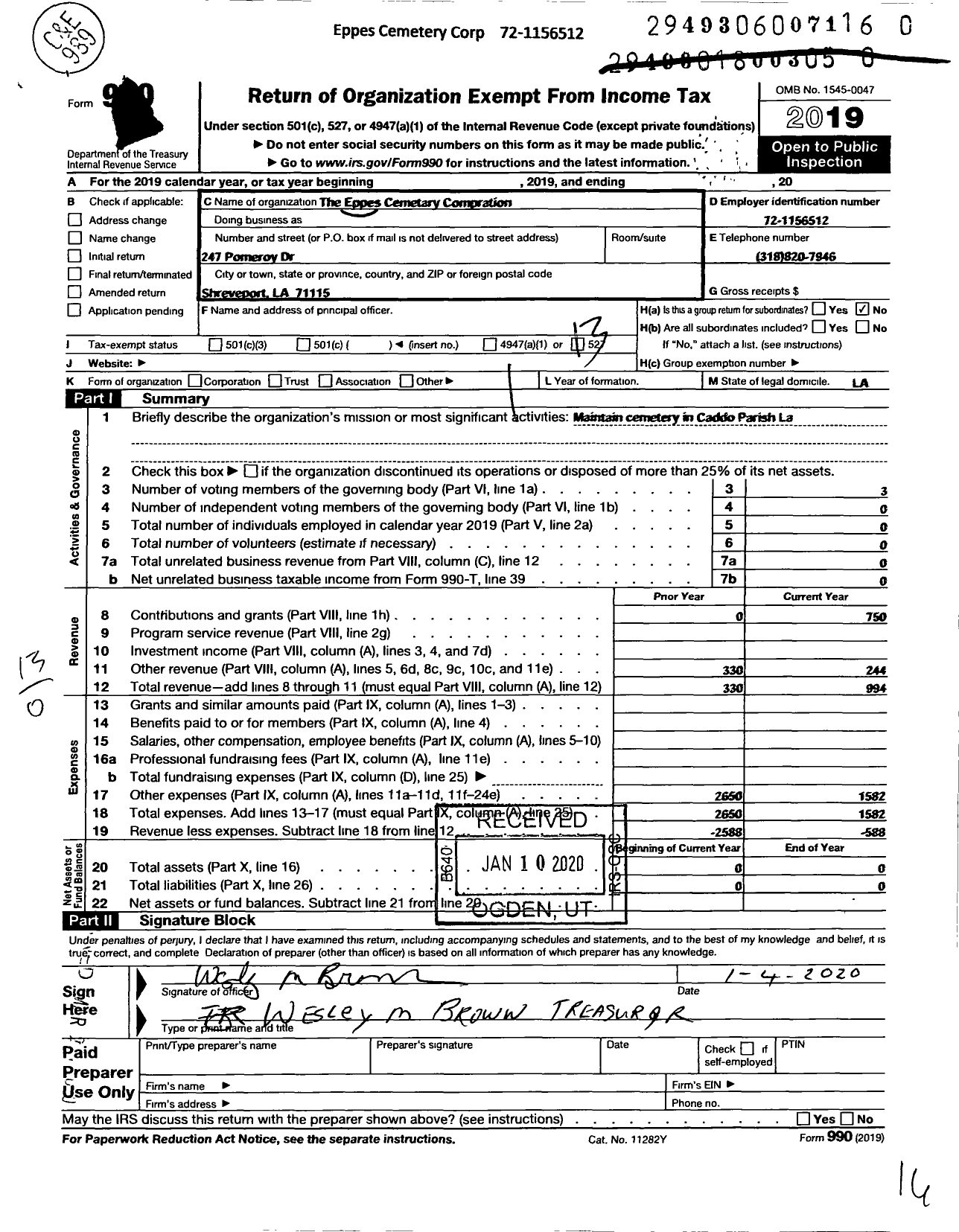 Image of first page of 2019 Form 990O for Eppes Cemetery Corporation