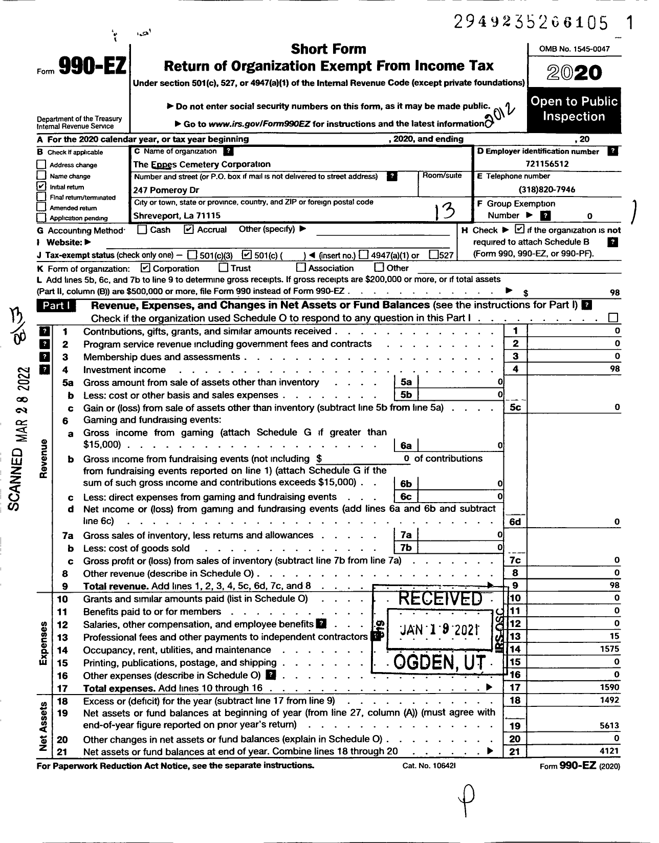 Image of first page of 2020 Form 990EO for Eppes Cemetery Corporation