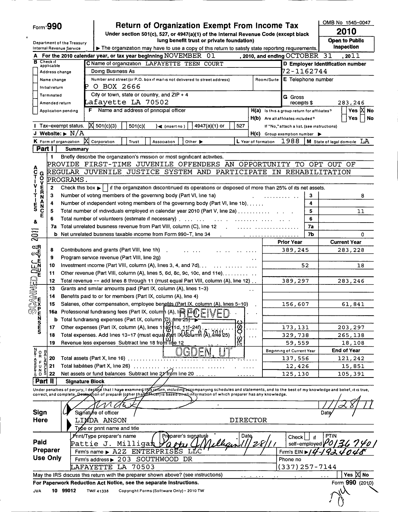 Image of first page of 2010 Form 990 for Lafayette Teen Court