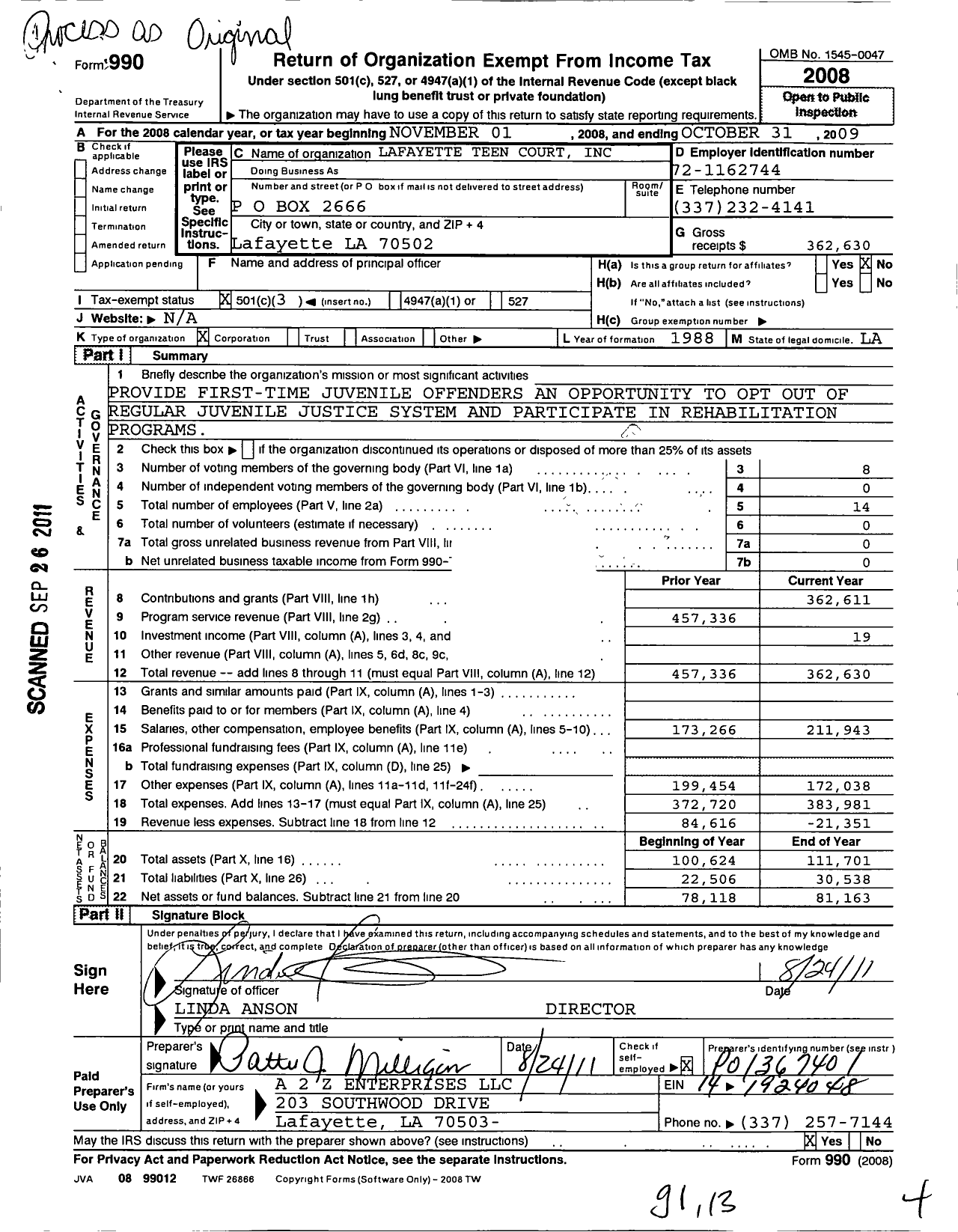 Image of first page of 2008 Form 990 for Lafayette Teen Court