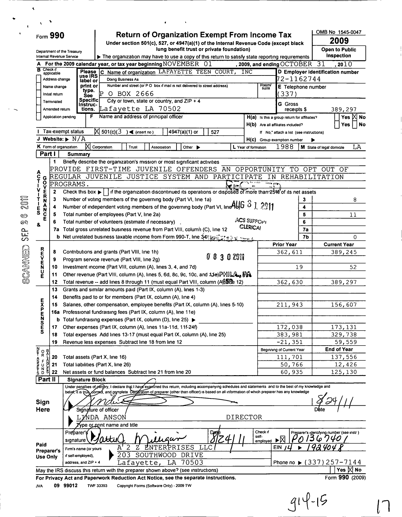 Image of first page of 2009 Form 990 for Lafayette Teen Court