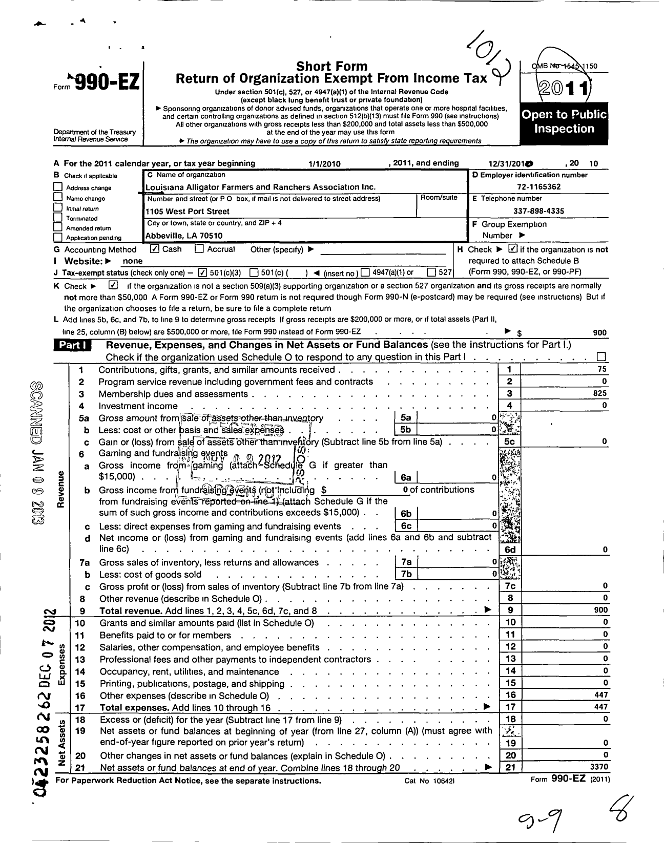 Image of first page of 2010 Form 990EZ for Louisiana Alligator Farmers and Ranchers Association