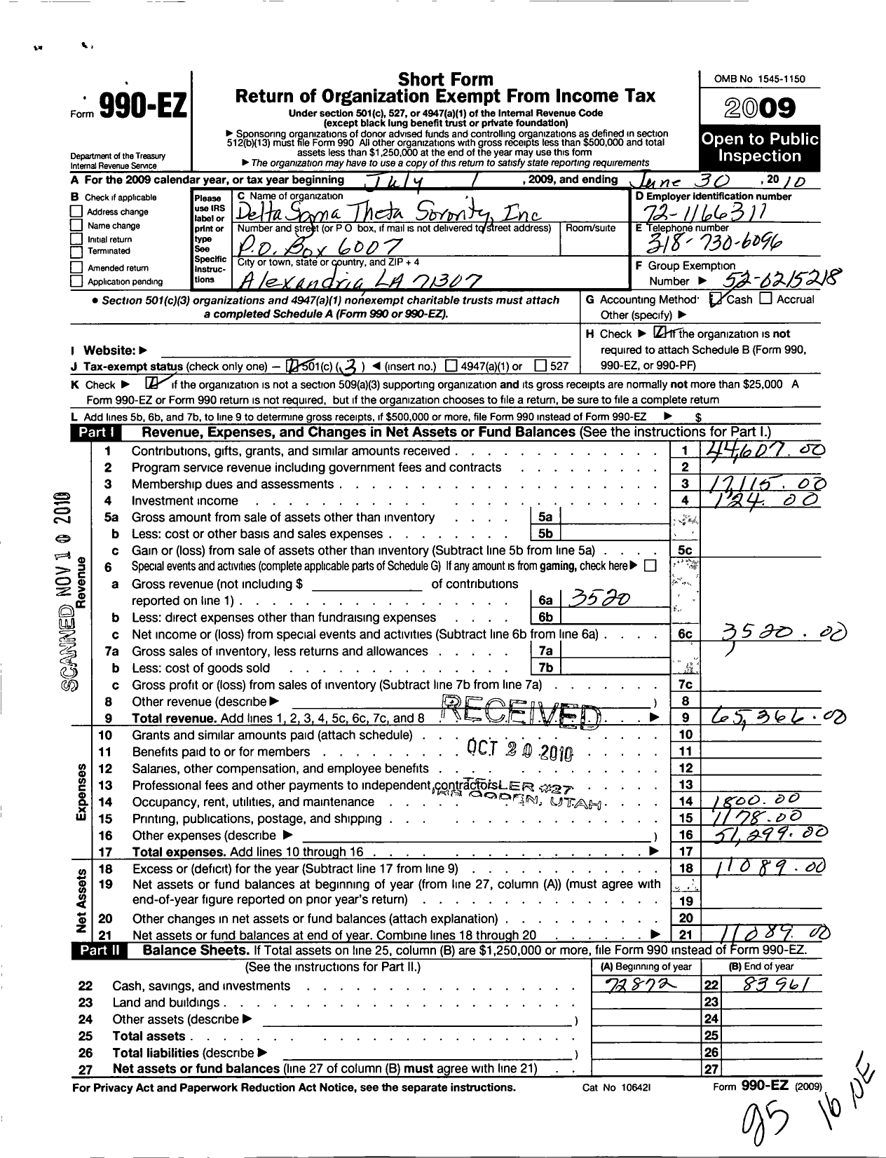 Image of first page of 2009 Form 990EZ for Delta Sigma Theta Soronity Alexanria La Alu
