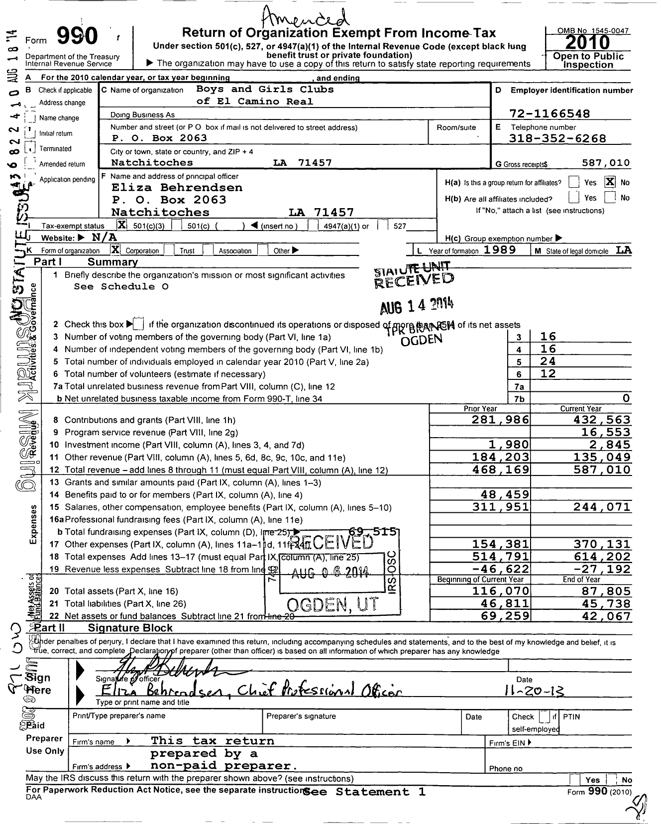 Image of first page of 2010 Form 990 for Boys and Girls Clubs of El Camino Real