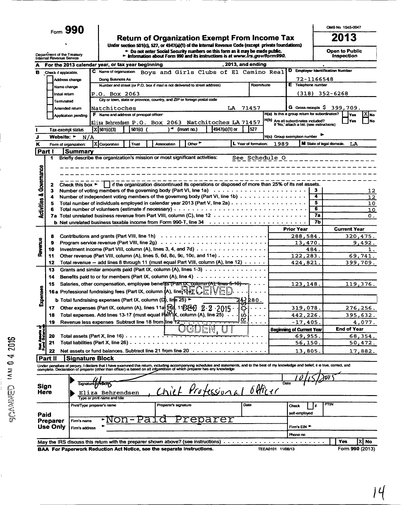 Image of first page of 2013 Form 990 for Boys and Girls Clubs of El Camino Real