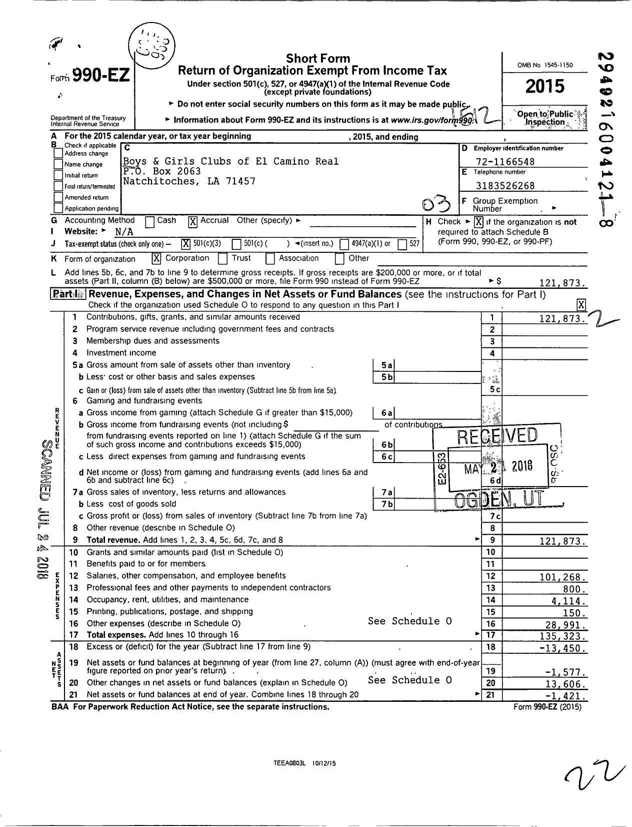 Image of first page of 2015 Form 990EZ for Boys and Girls Clubs of El Camino Real