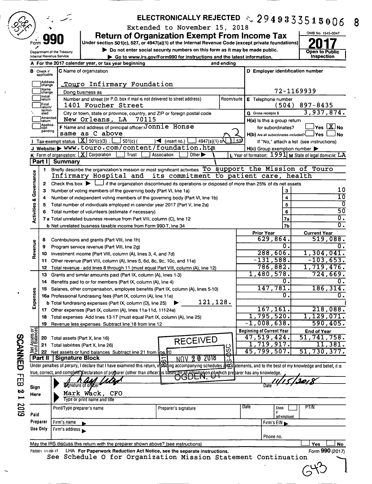 Image of first page of 2017 Form 990 for Touro Infirmary Foundation