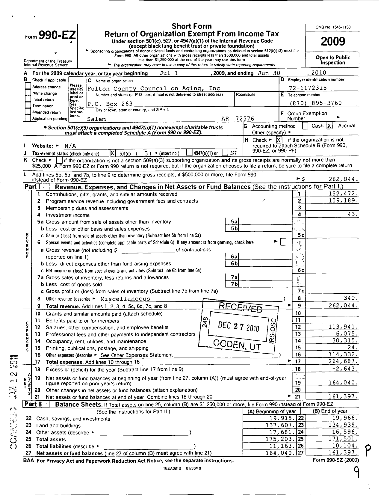 Image of first page of 2009 Form 990EZ for Fulton County Council on Aging