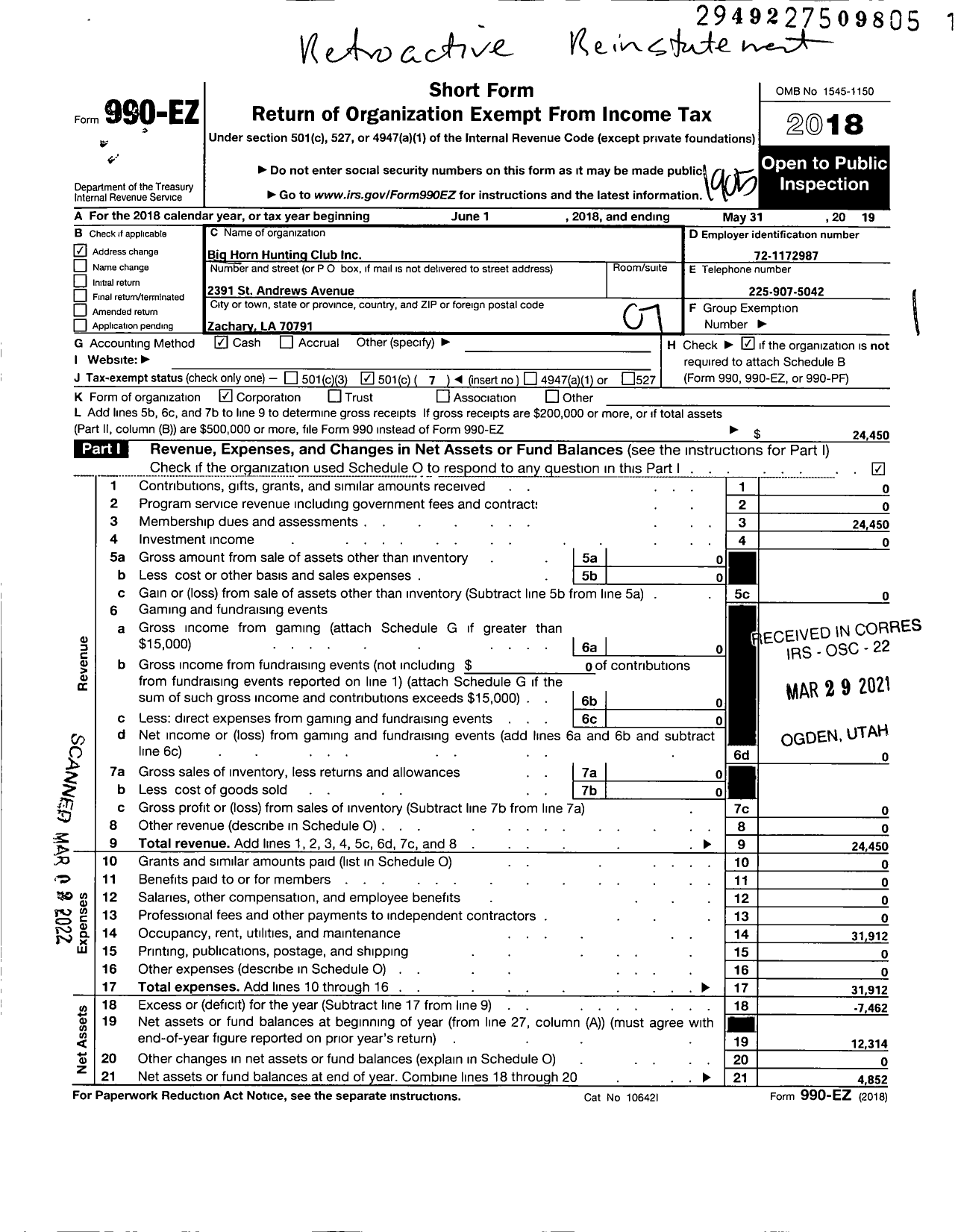 Image of first page of 2018 Form 990EO for Big Horn Hunting Club