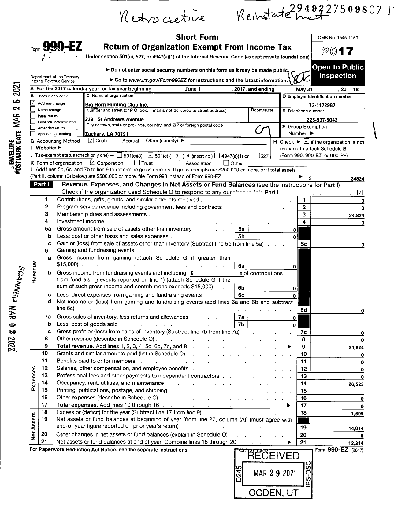 Image of first page of 2017 Form 990EO for Big Horn Hunting Club