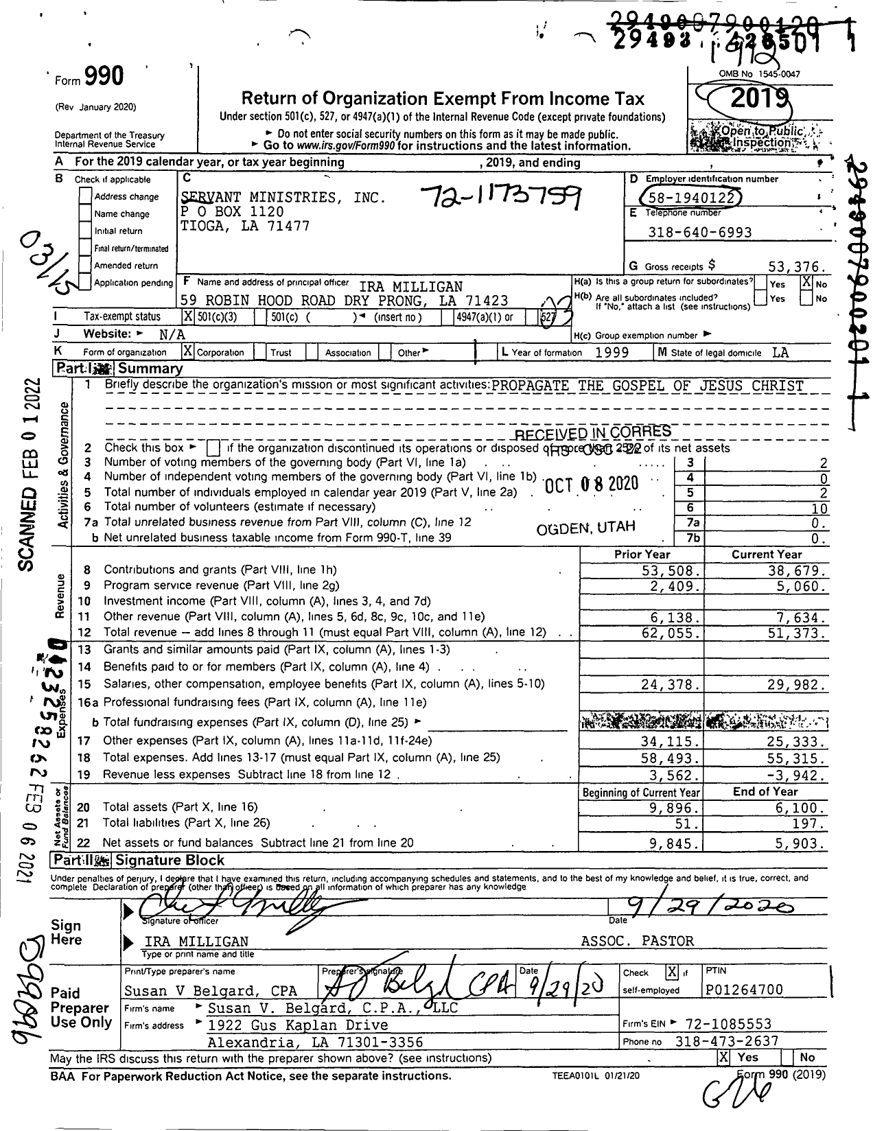 Image of first page of 2019 Form 990 for Servant Ministries