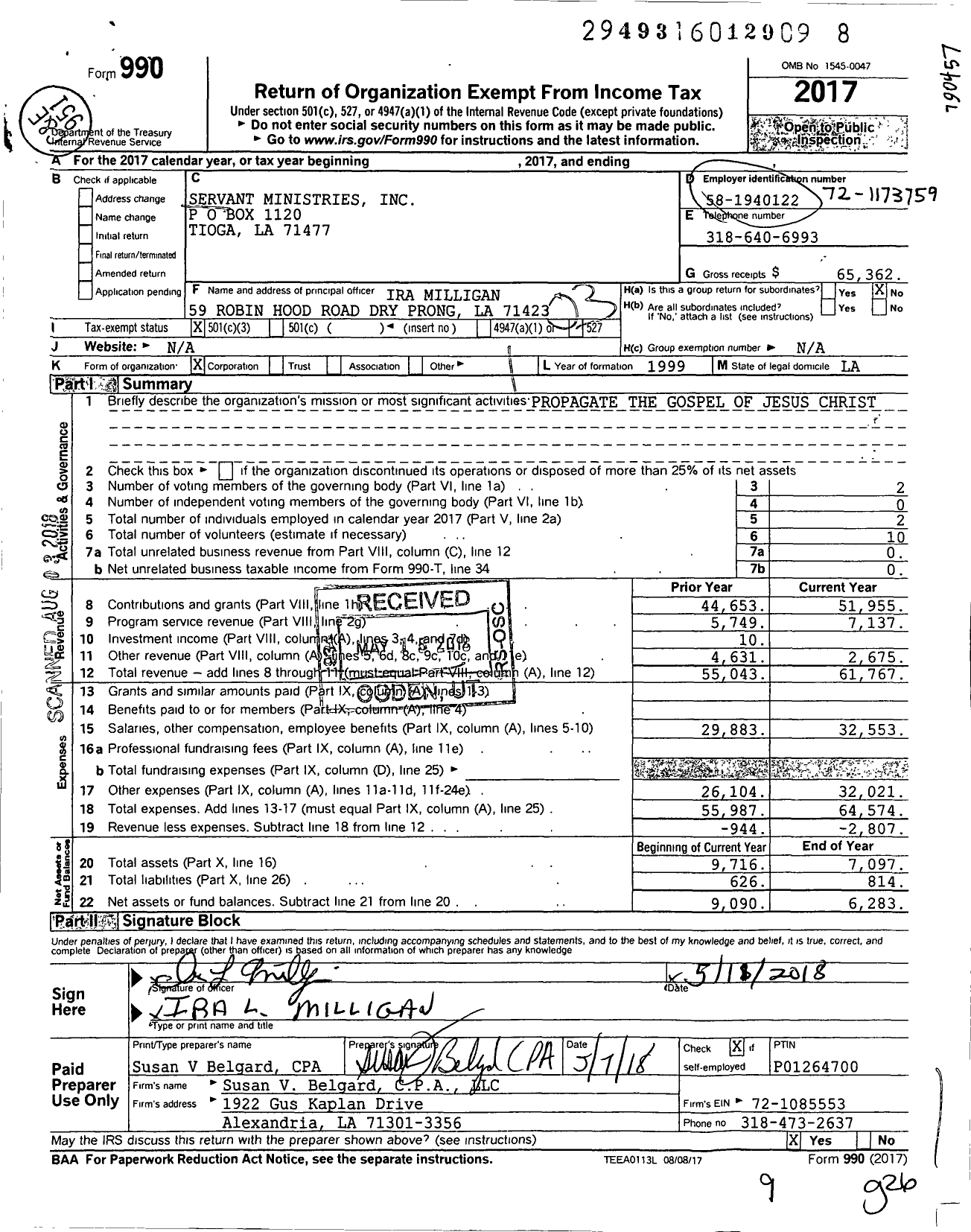 Image of first page of 2017 Form 990 for Servant Ministries