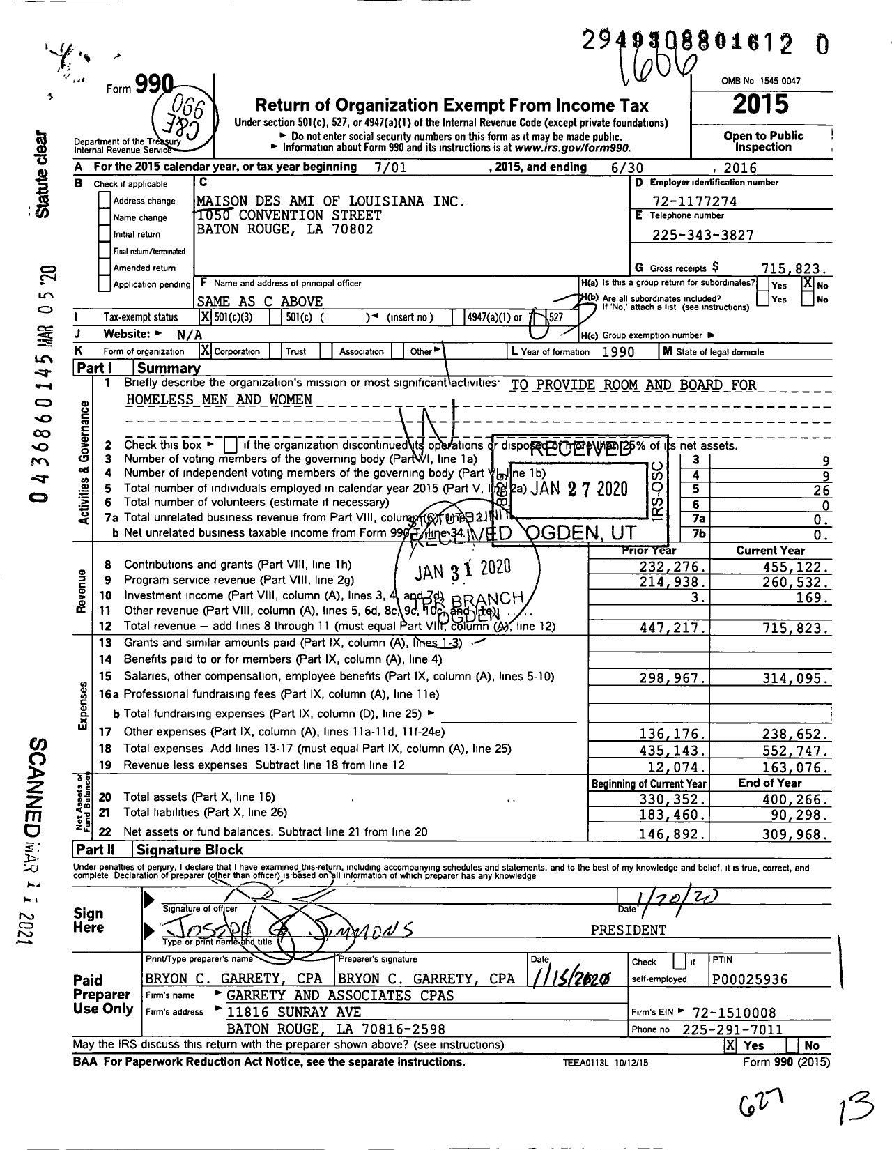 Image of first page of 2015 Form 990 for Maison des Amis of Louisiana