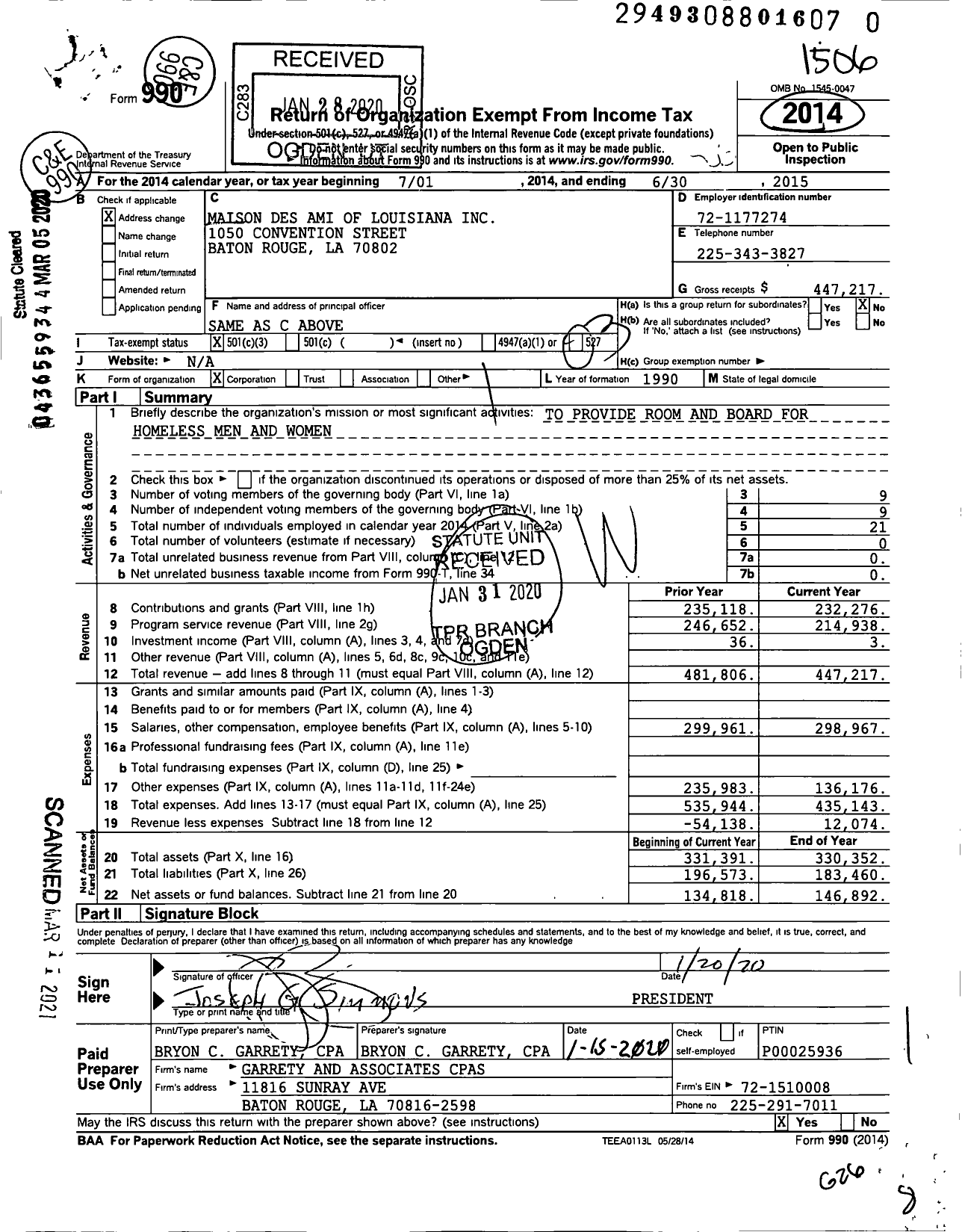 Image of first page of 2014 Form 990 for Maison des Amis of Louisiana