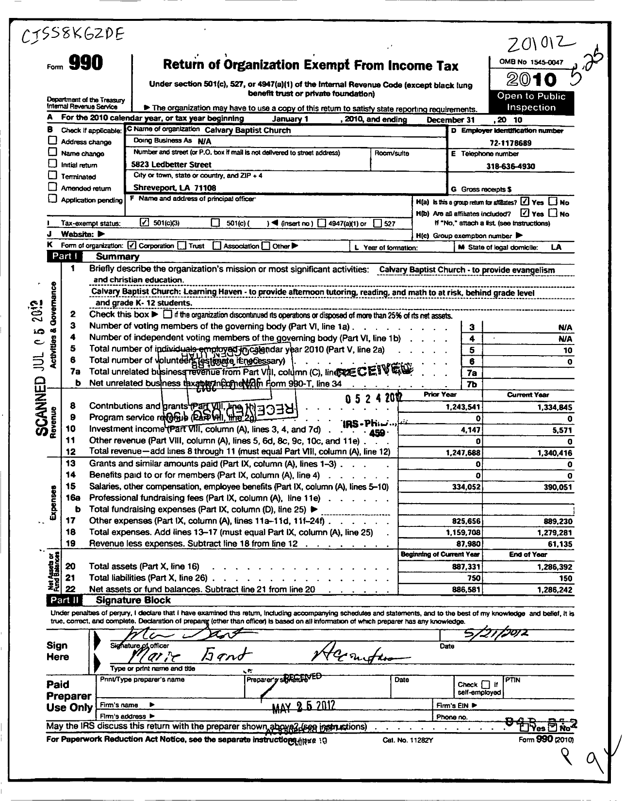 Image of first page of 2010 Form 990 for Calvary Baptist Church