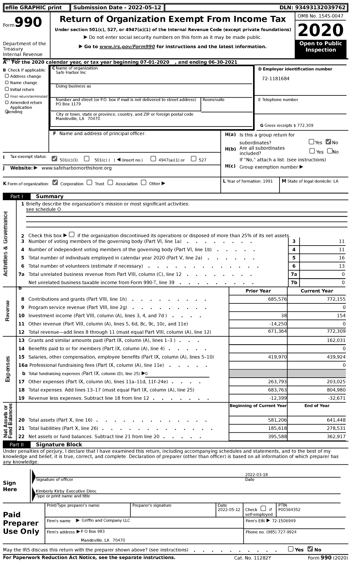 Image of first page of 2020 Form 990 for Safe Harbor