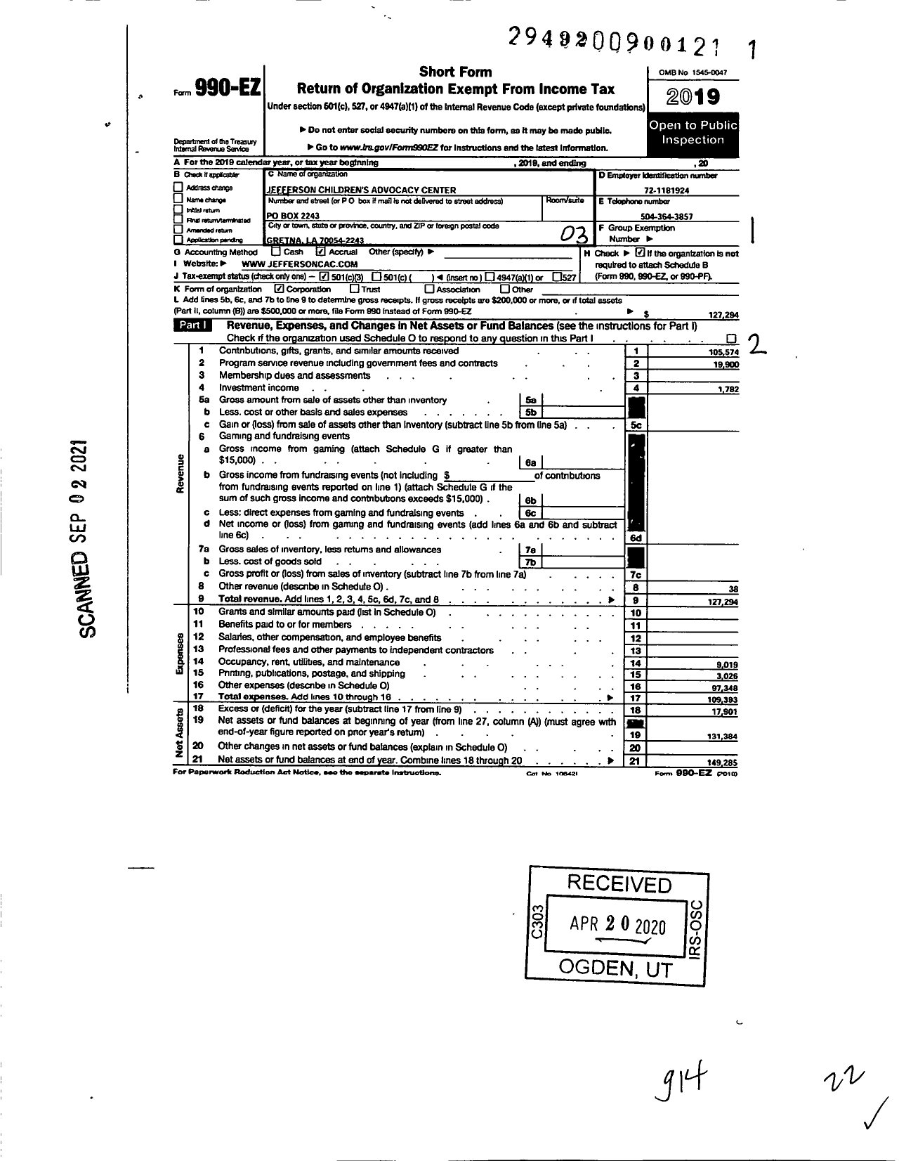 Image of first page of 2019 Form 990EZ for Jefferson Childrens Advocacy Center