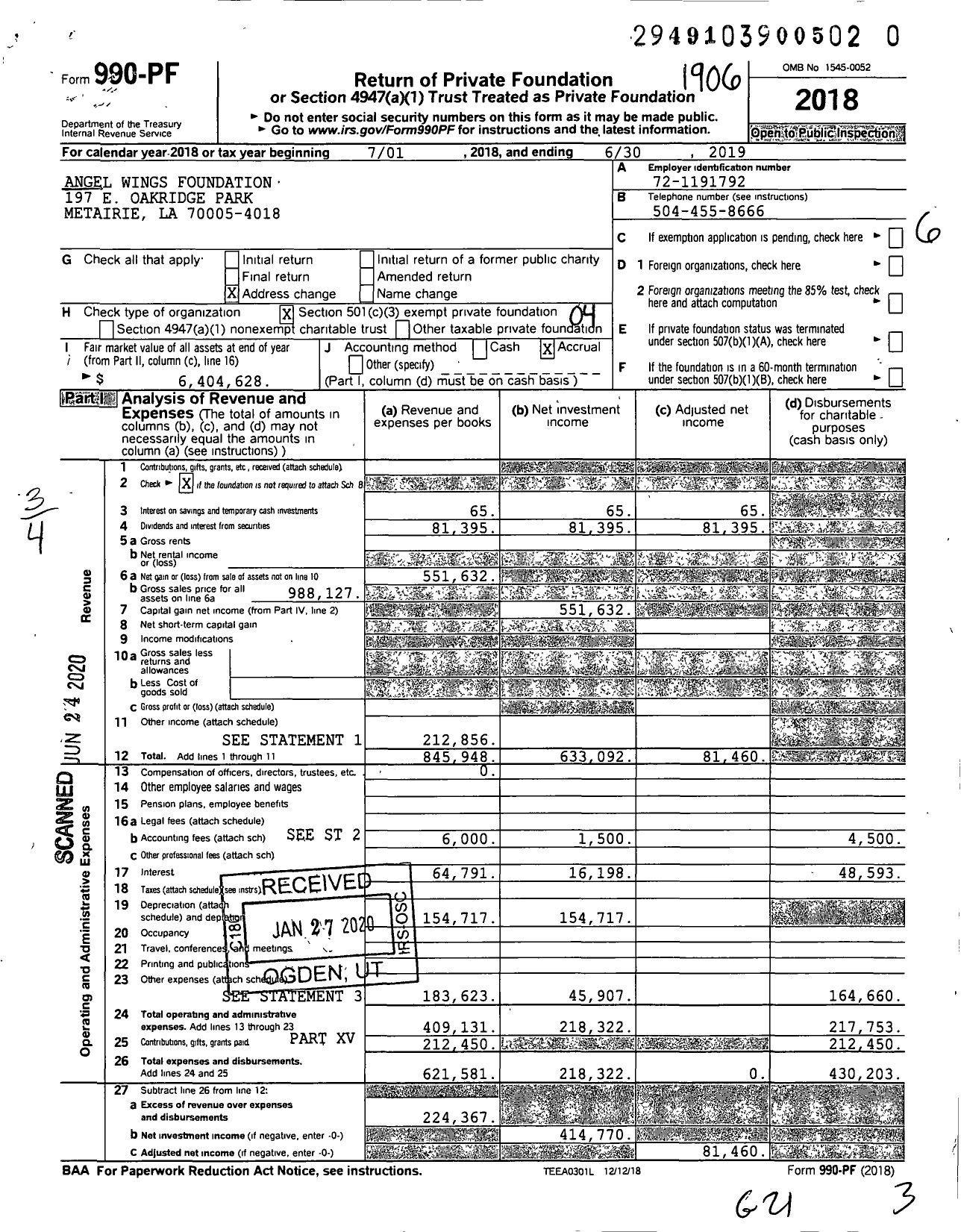 Image of first page of 2018 Form 990PR for Angel Wings Foundation