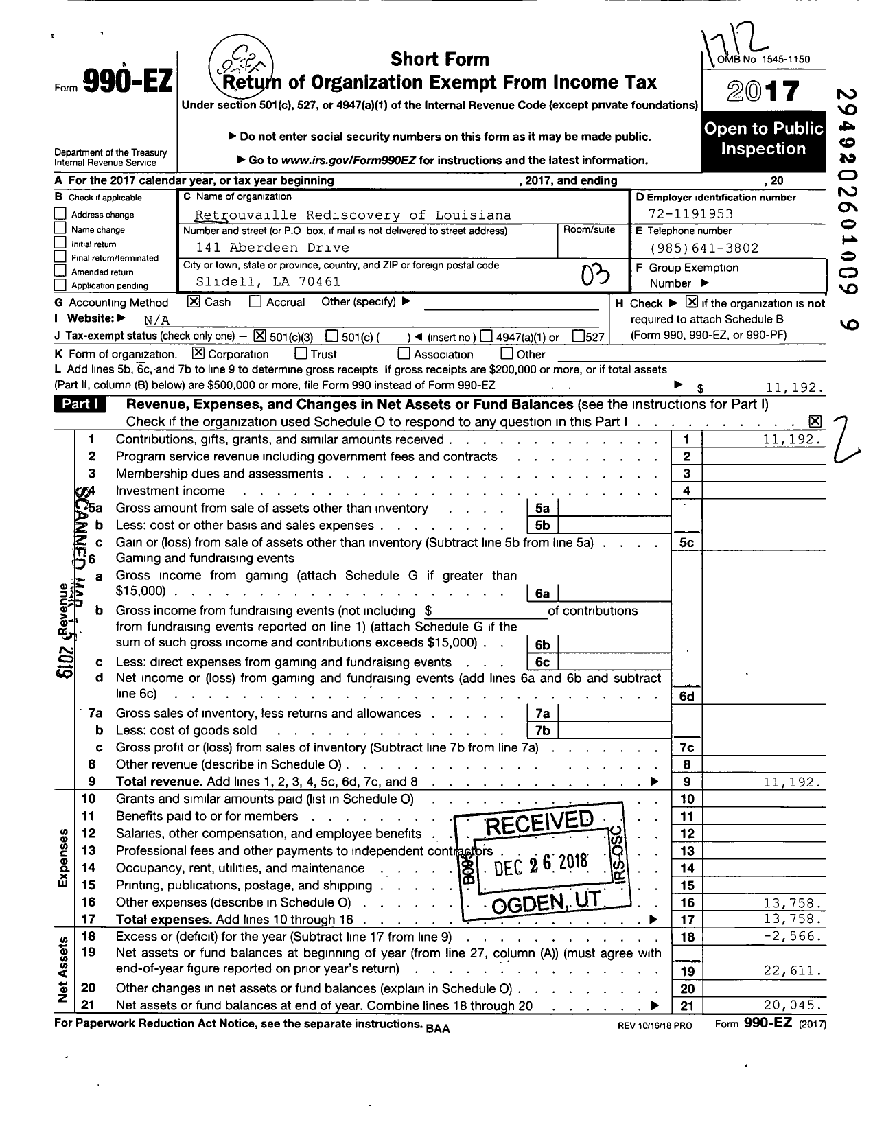 Image of first page of 2017 Form 990EZ for Retrouvaille Rediscovery of Louisiana