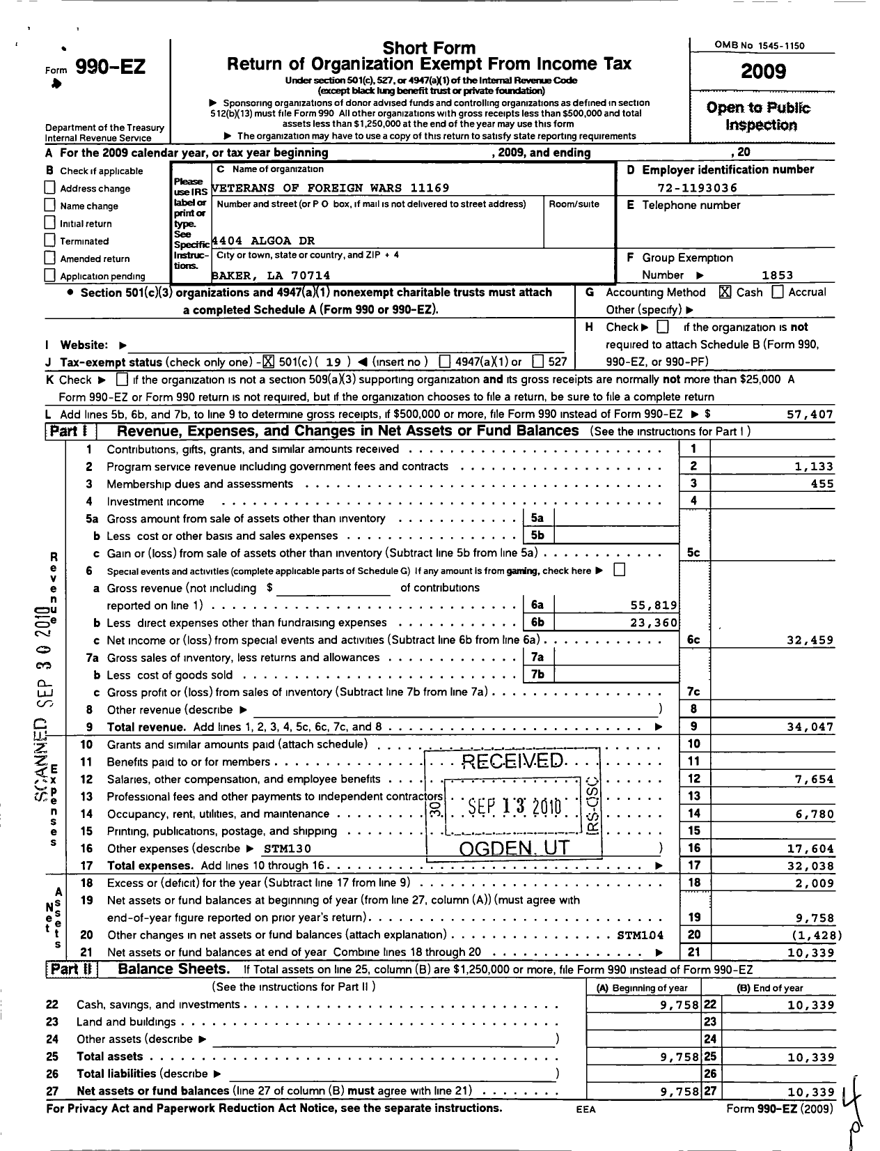 Image of first page of 2009 Form 990EO for Veterans of Foreign Wars of the United States Dept of Louisiana - 11169 North Baton Rouge Mem