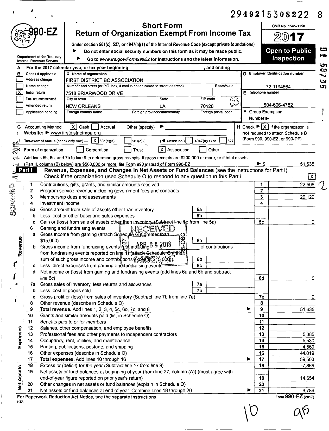 Image of first page of 2017 Form 990EZ for First District Missionary Baptist Association of the State of Louisiana