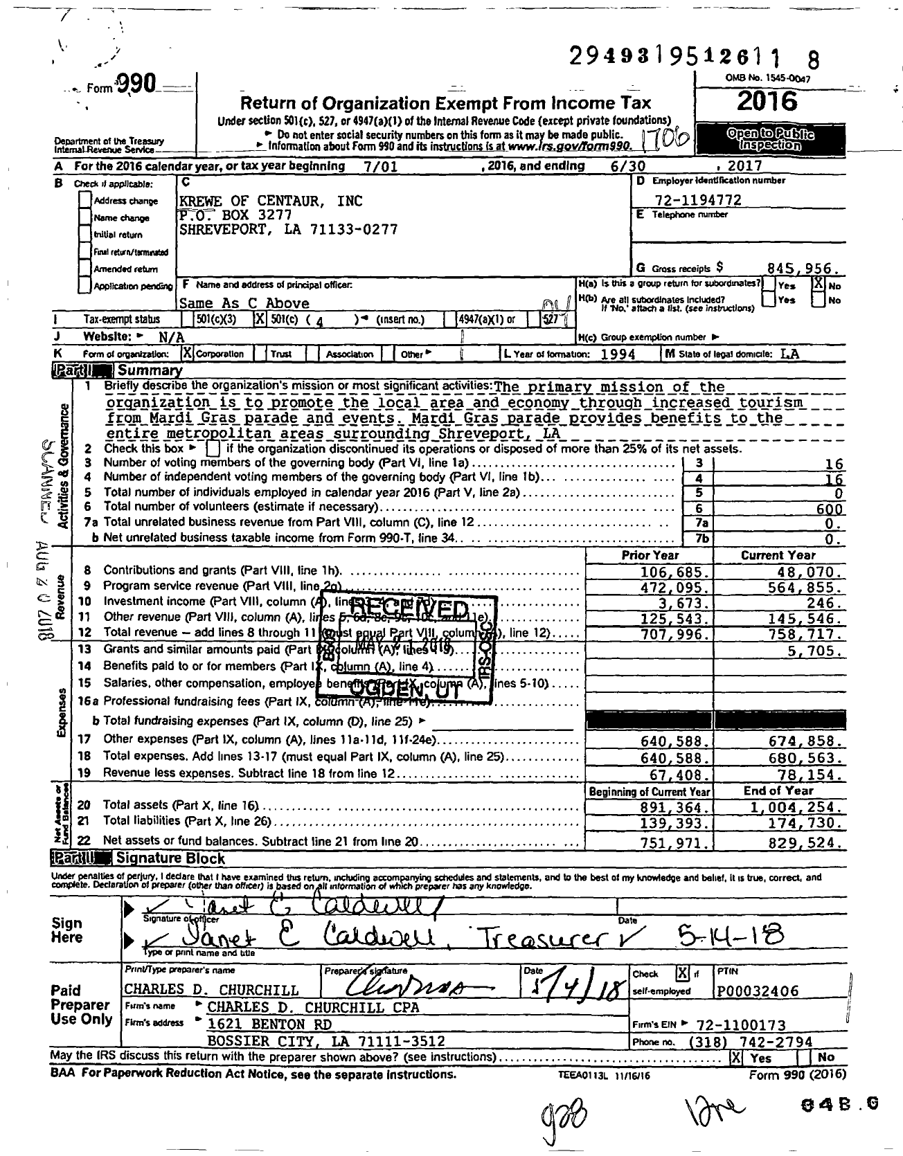 Image of first page of 2016 Form 990O for Krewe of Centaur