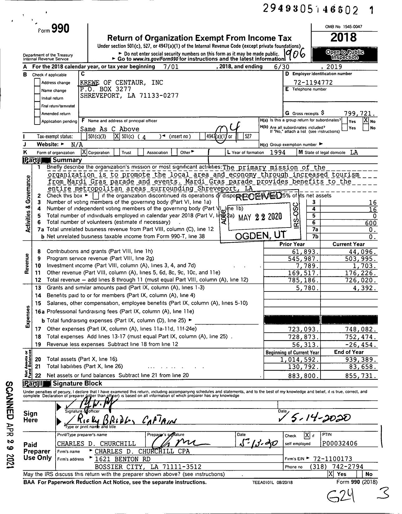 Image of first page of 2018 Form 990O for Krewe of Centaur