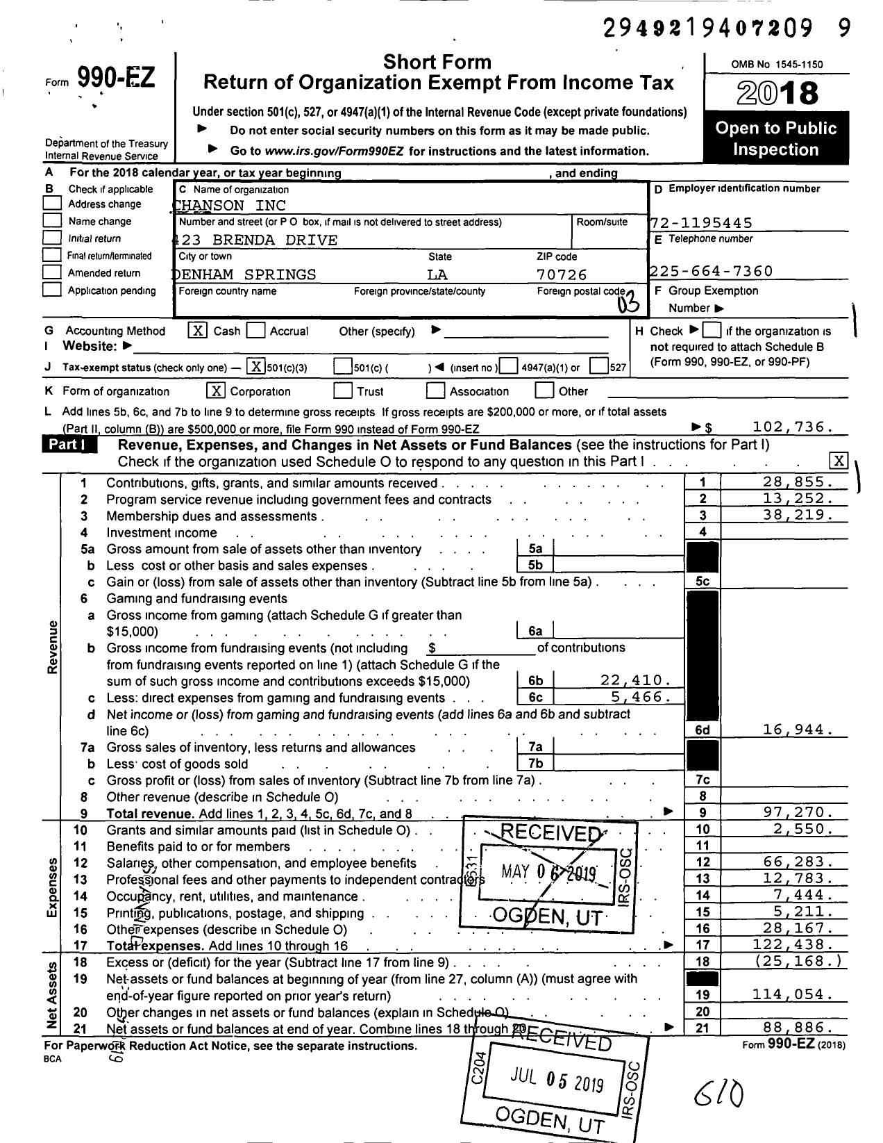 Image of first page of 2018 Form 990EZ for Chanson