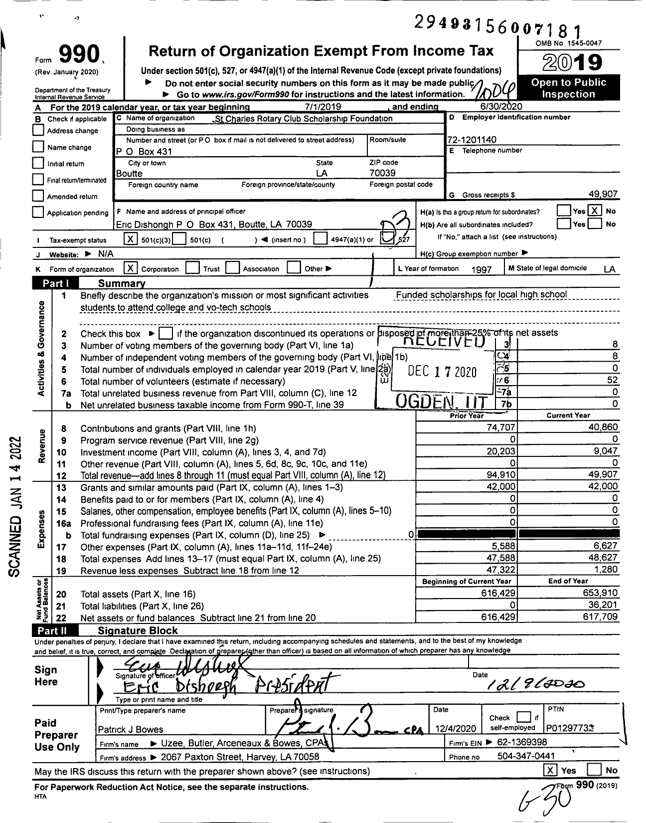 Image of first page of 2019 Form 990 for St Charles Rotary Club Scholarship Foundation