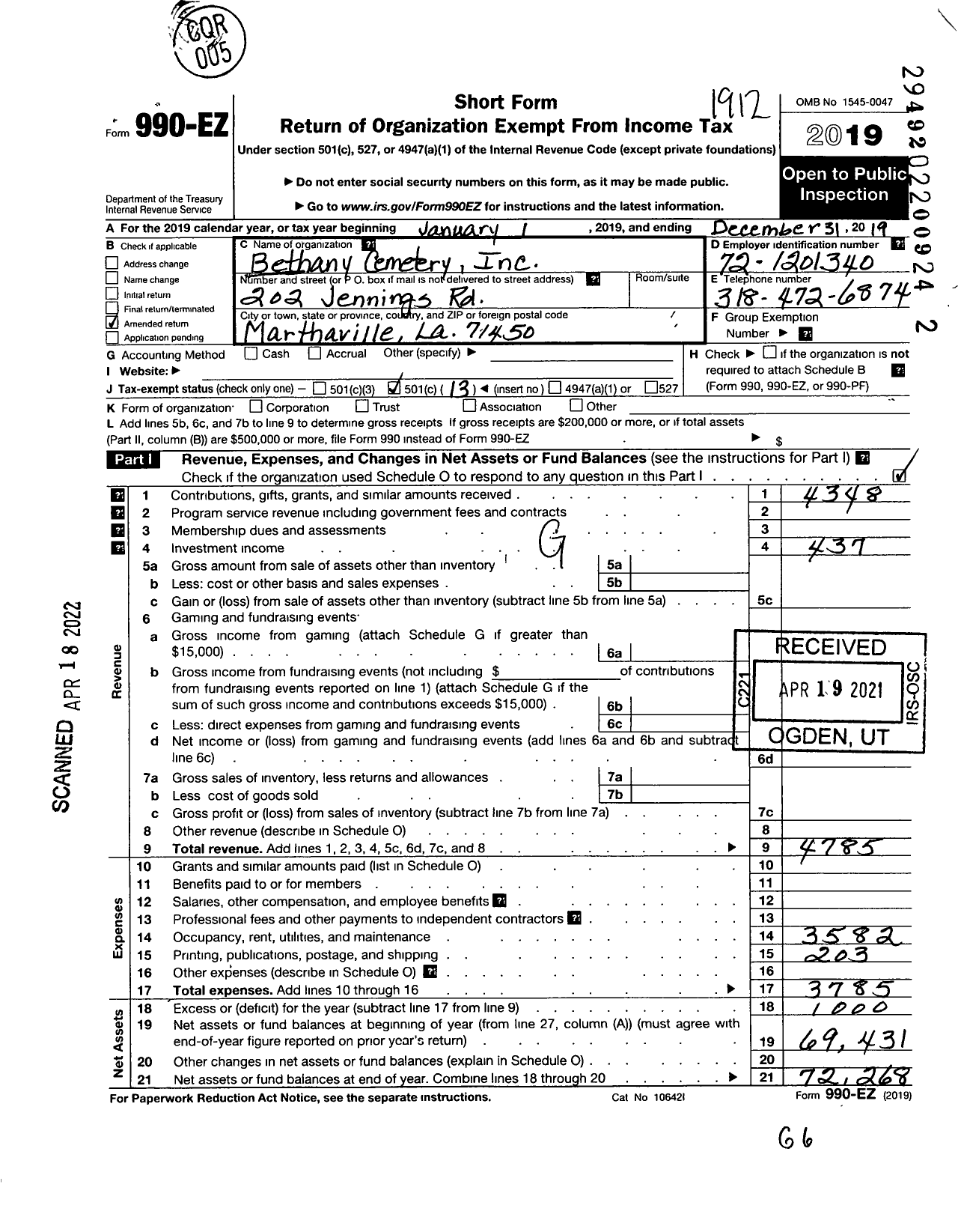 Image of first page of 2019 Form 990EO for Bethany Cemetery Incorporated