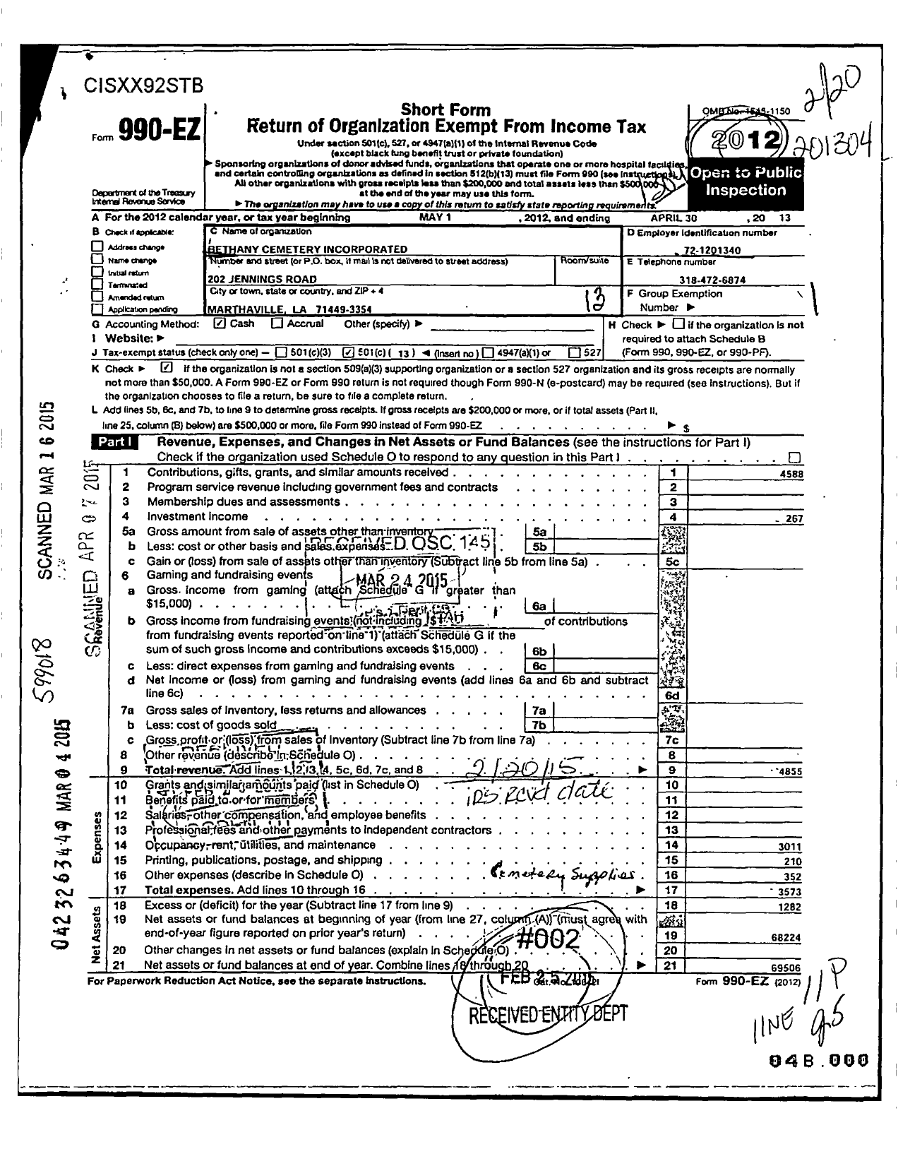 Image of first page of 2012 Form 990EO for Bethany Cemetery Incorporated