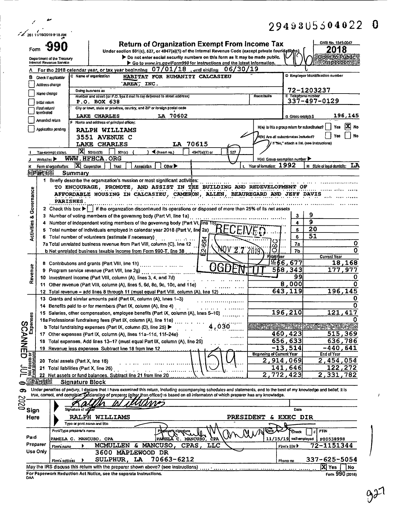 Image of first page of 2018 Form 990 for Habitat for Humanity Calcasieu Area