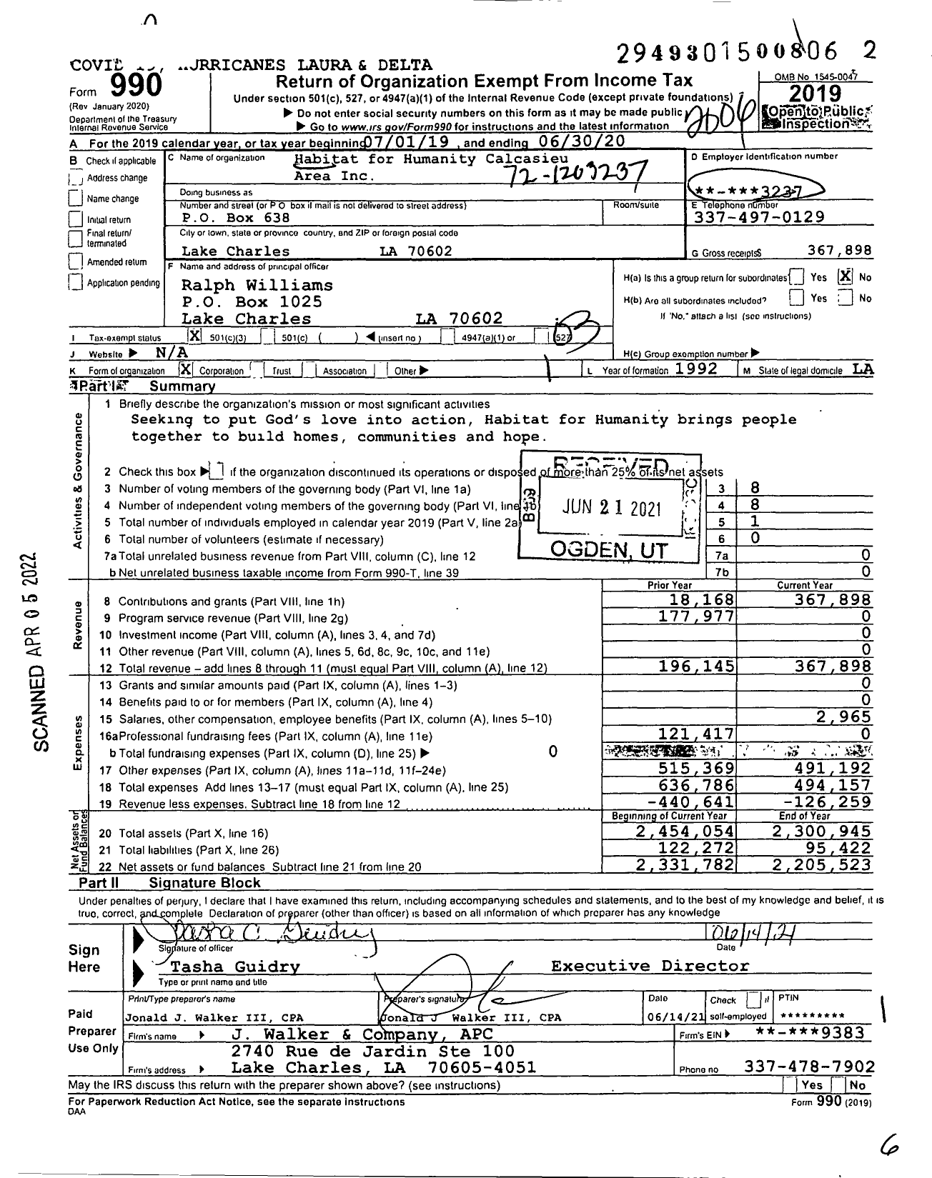 Image of first page of 2019 Form 990 for Habitat for Humanity Calcasieu Area