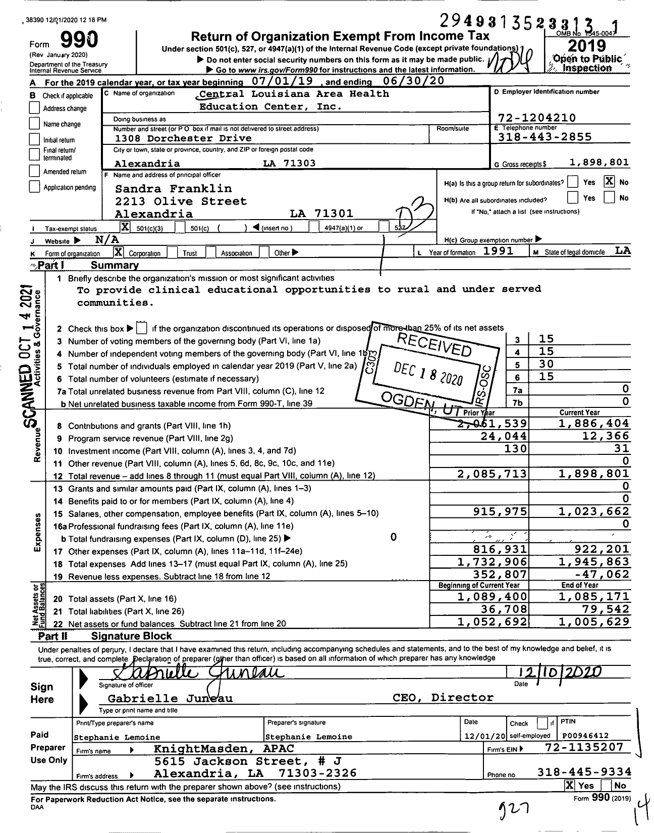 Image of first page of 2019 Form 990 for Central Louisiana Area Health Education Center (AHEC)