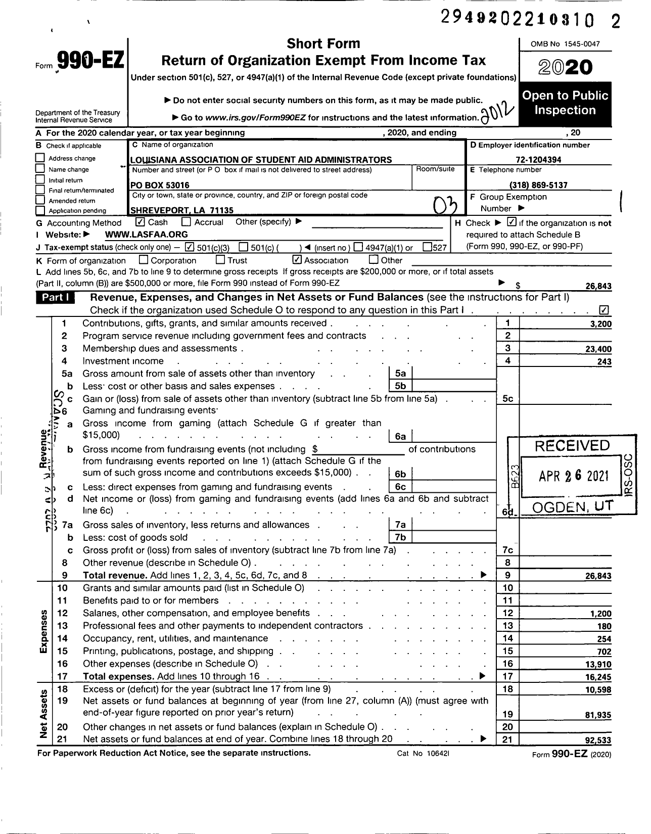 Image of first page of 2020 Form 990EZ for Louisiana Association of Student Financial Aid Administrators