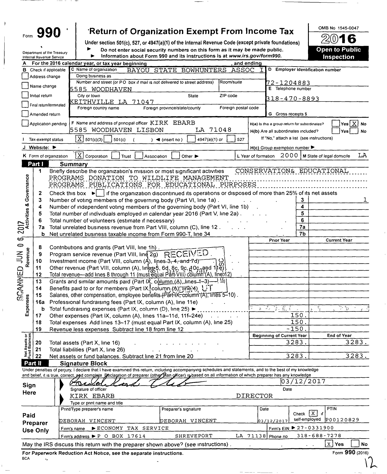 Image of first page of 2016 Form 990 for Bayou State Bowhunters Association I