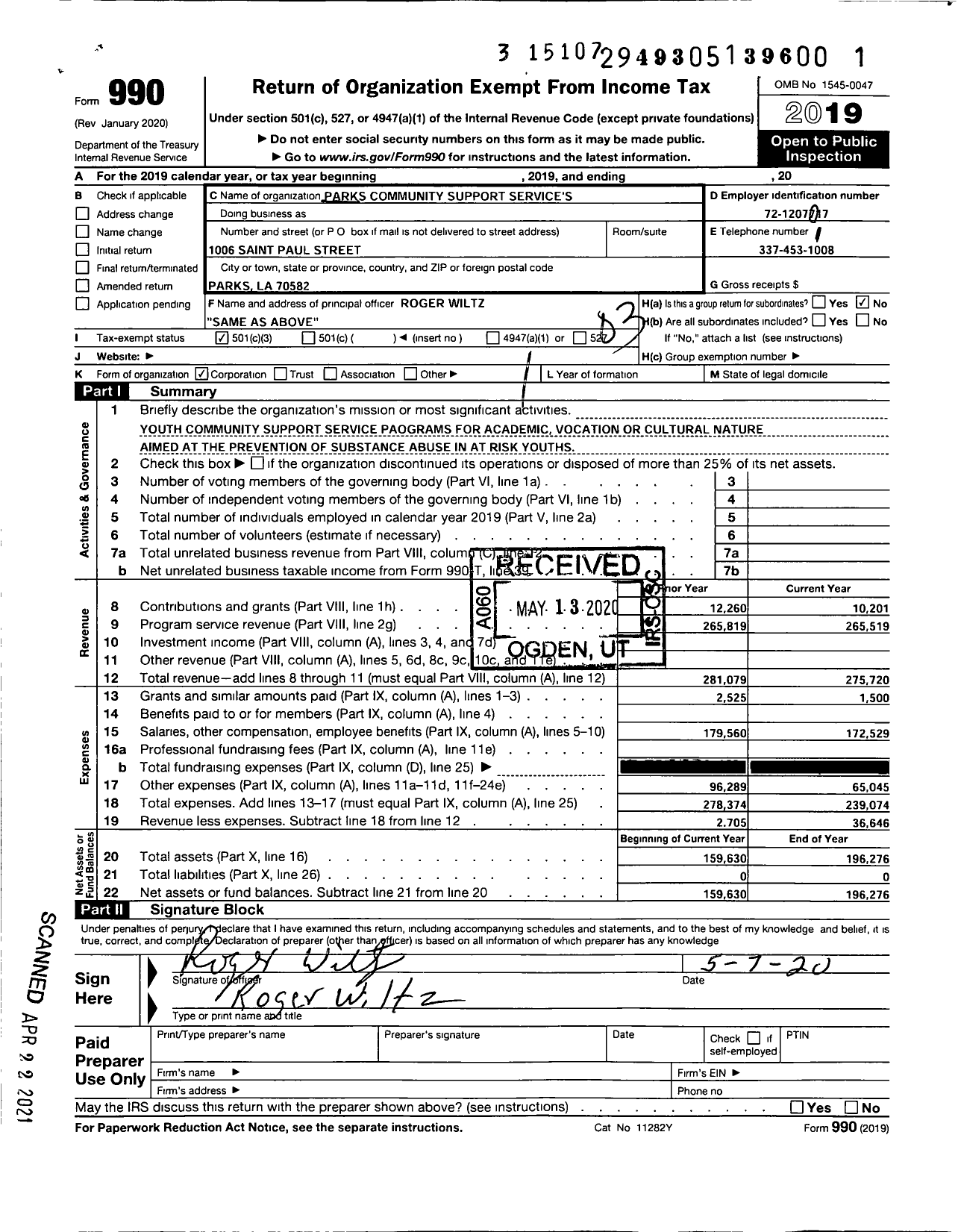 Image of first page of 2019 Form 990 for Parks Community Support Services