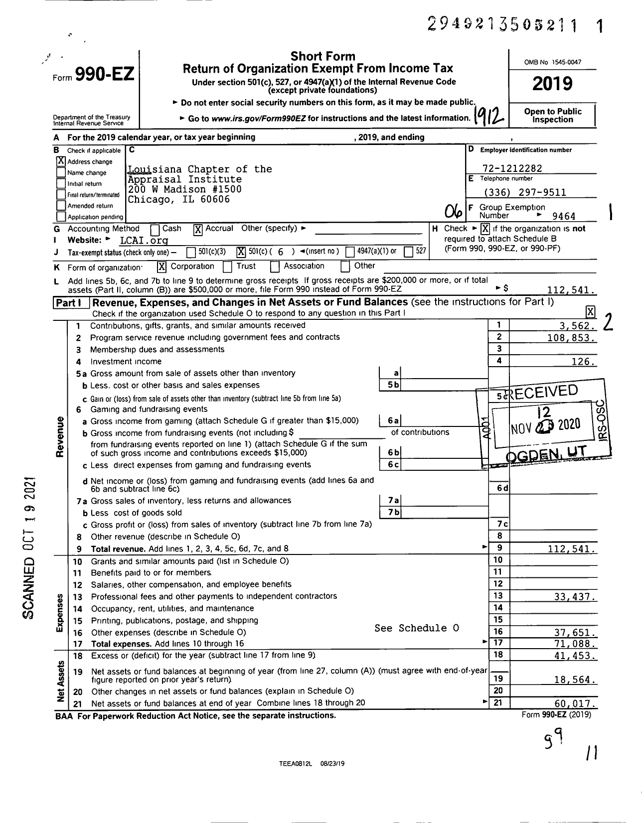 Image of first page of 2019 Form 990EO for Louisiana Chapter of the Appraisal Institute