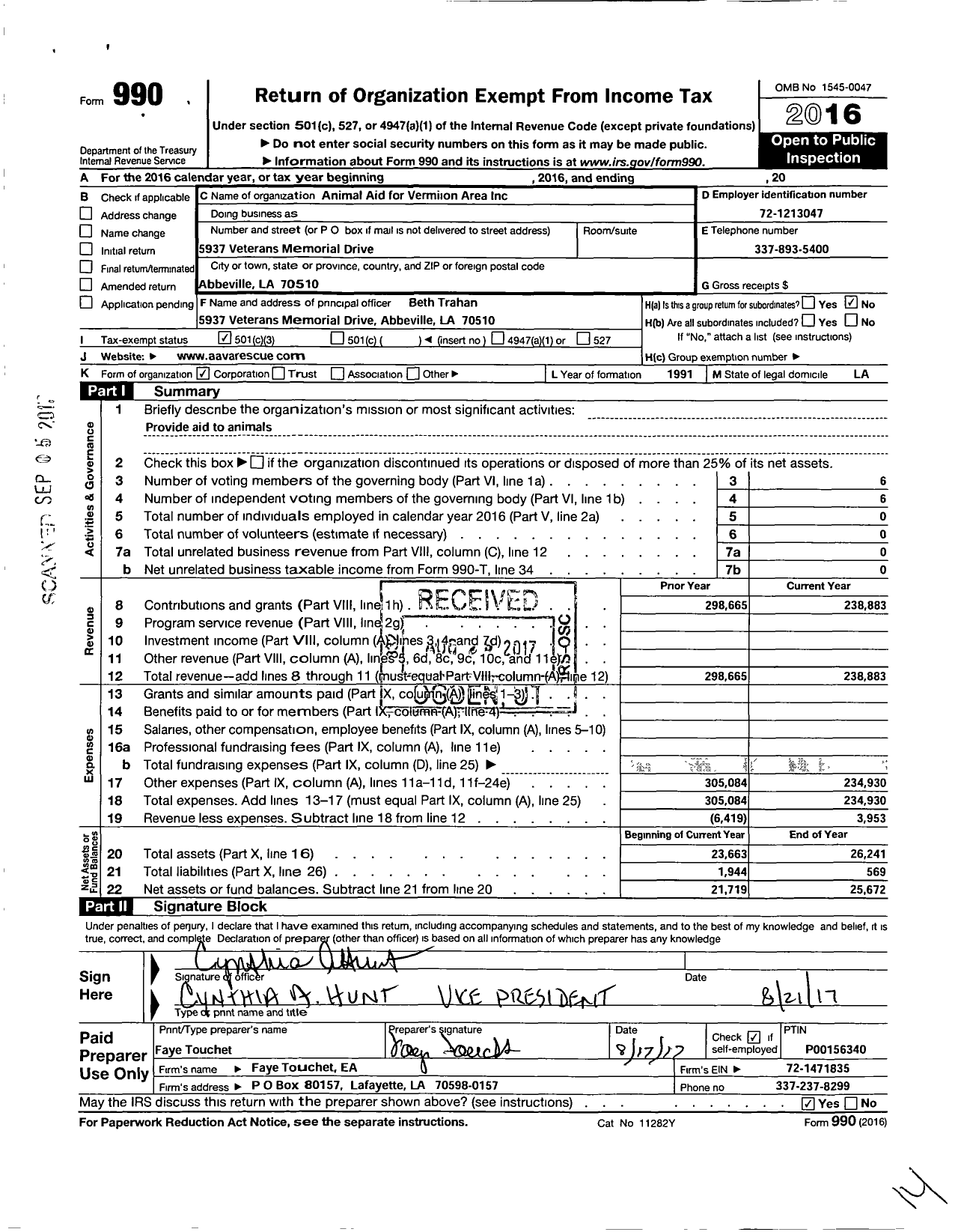 Image of first page of 2016 Form 990 for Animal Aid for Vermilion Area
