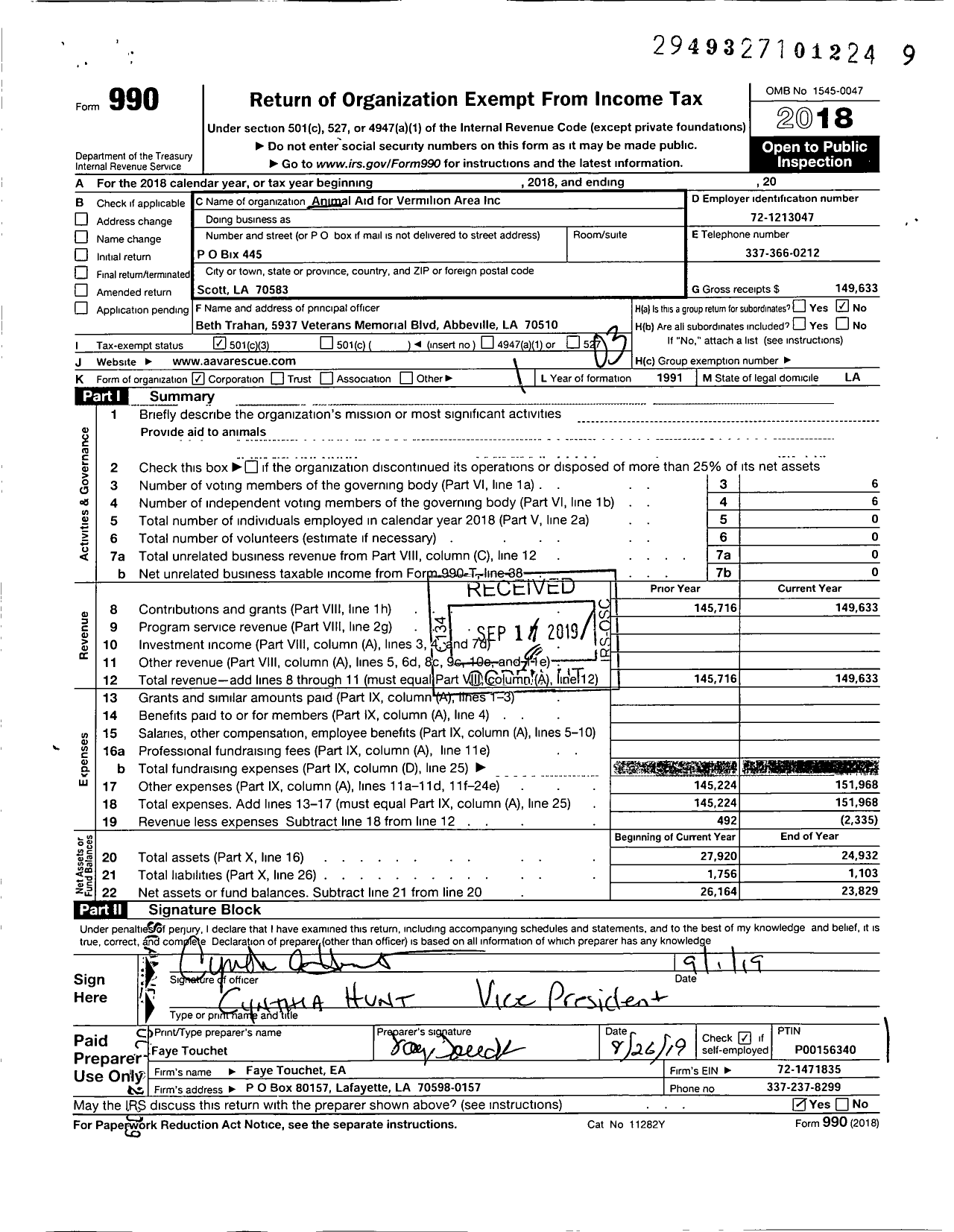 Image of first page of 2018 Form 990 for Animal Aid for Vermilion Area