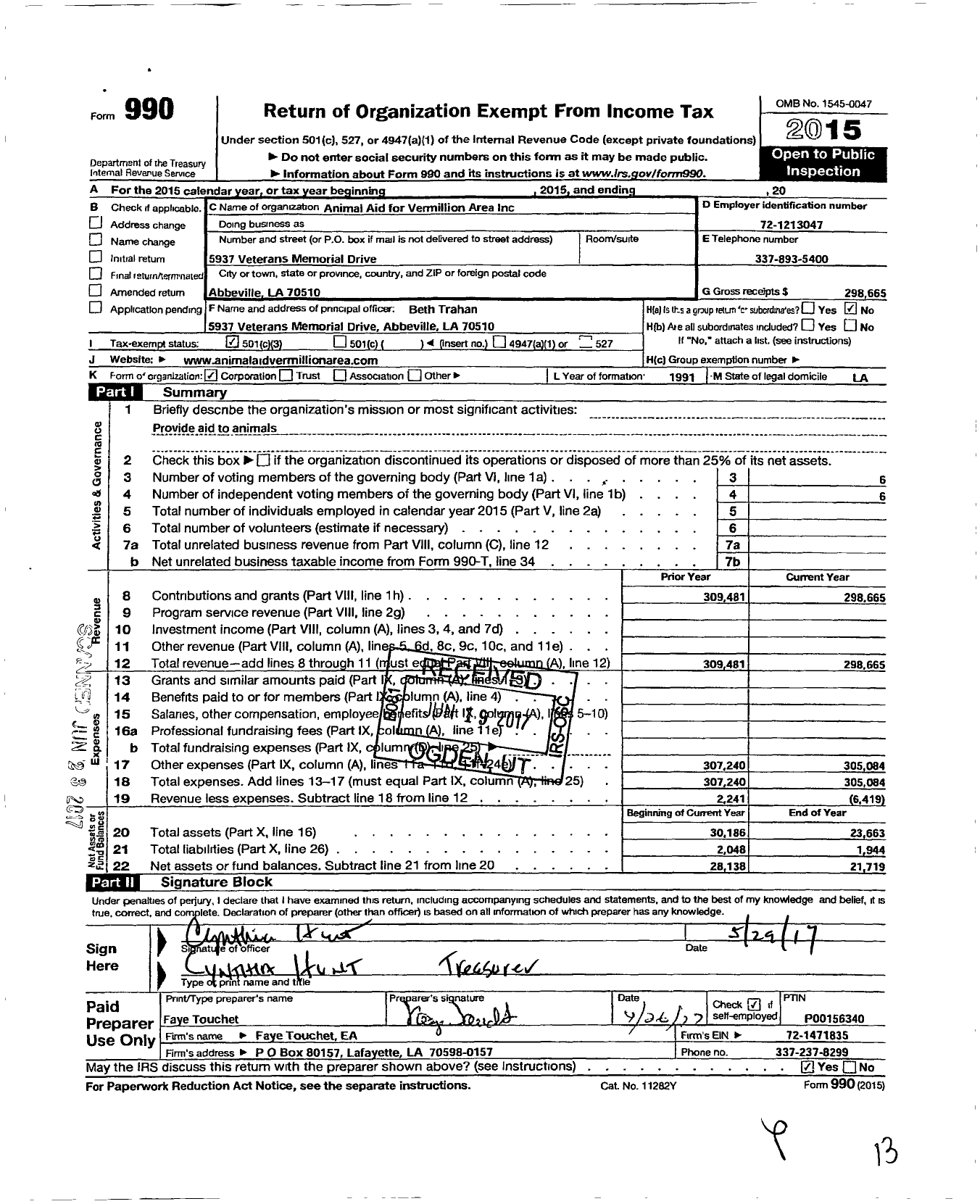 Image of first page of 2015 Form 990 for Animal Aid for Vermilion Area