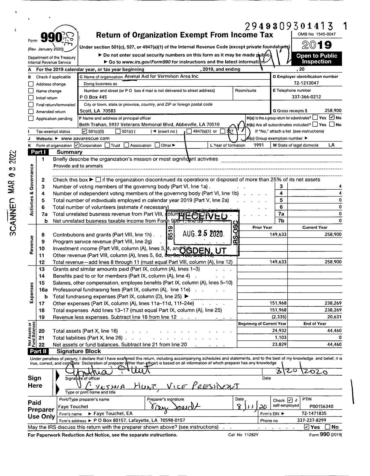 Image of first page of 2019 Form 990 for Animal Aid for Vermilion Area